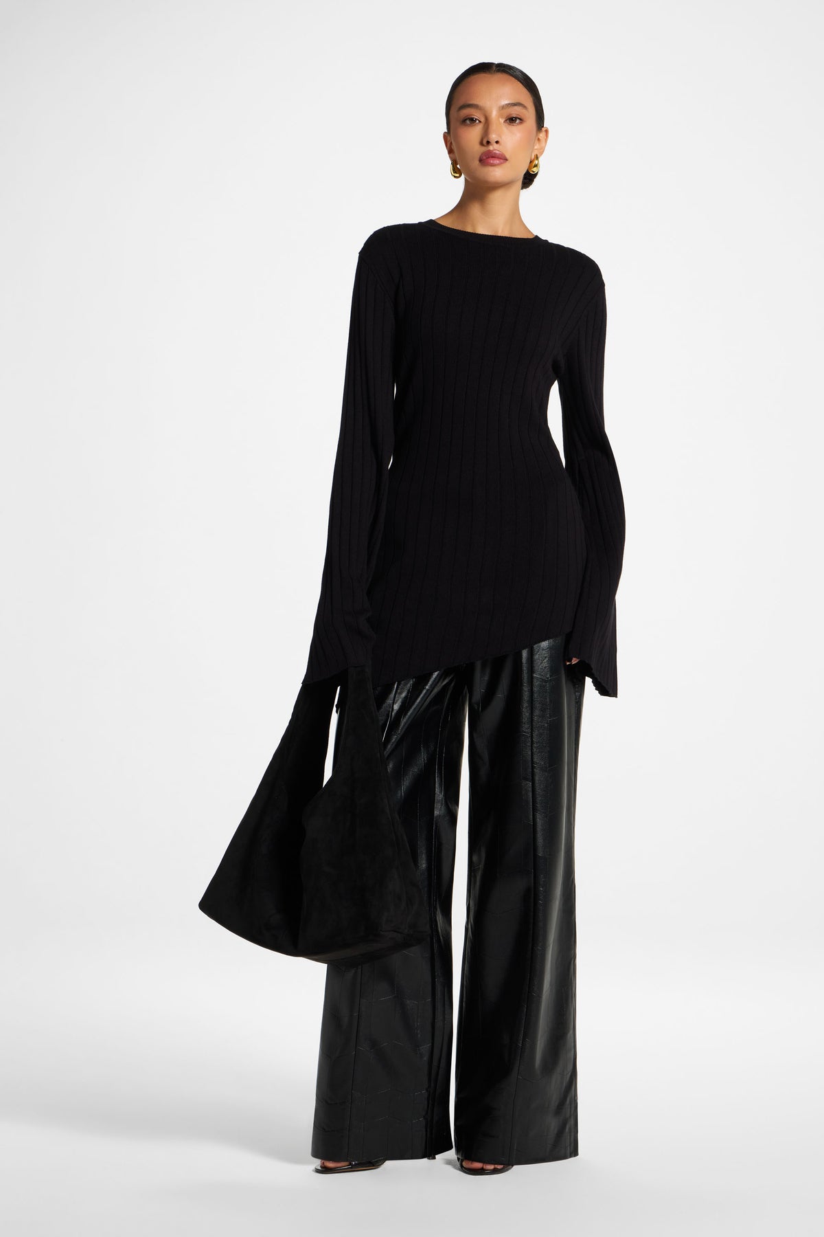 Viscose Rib Knit Tie Back Top - Black