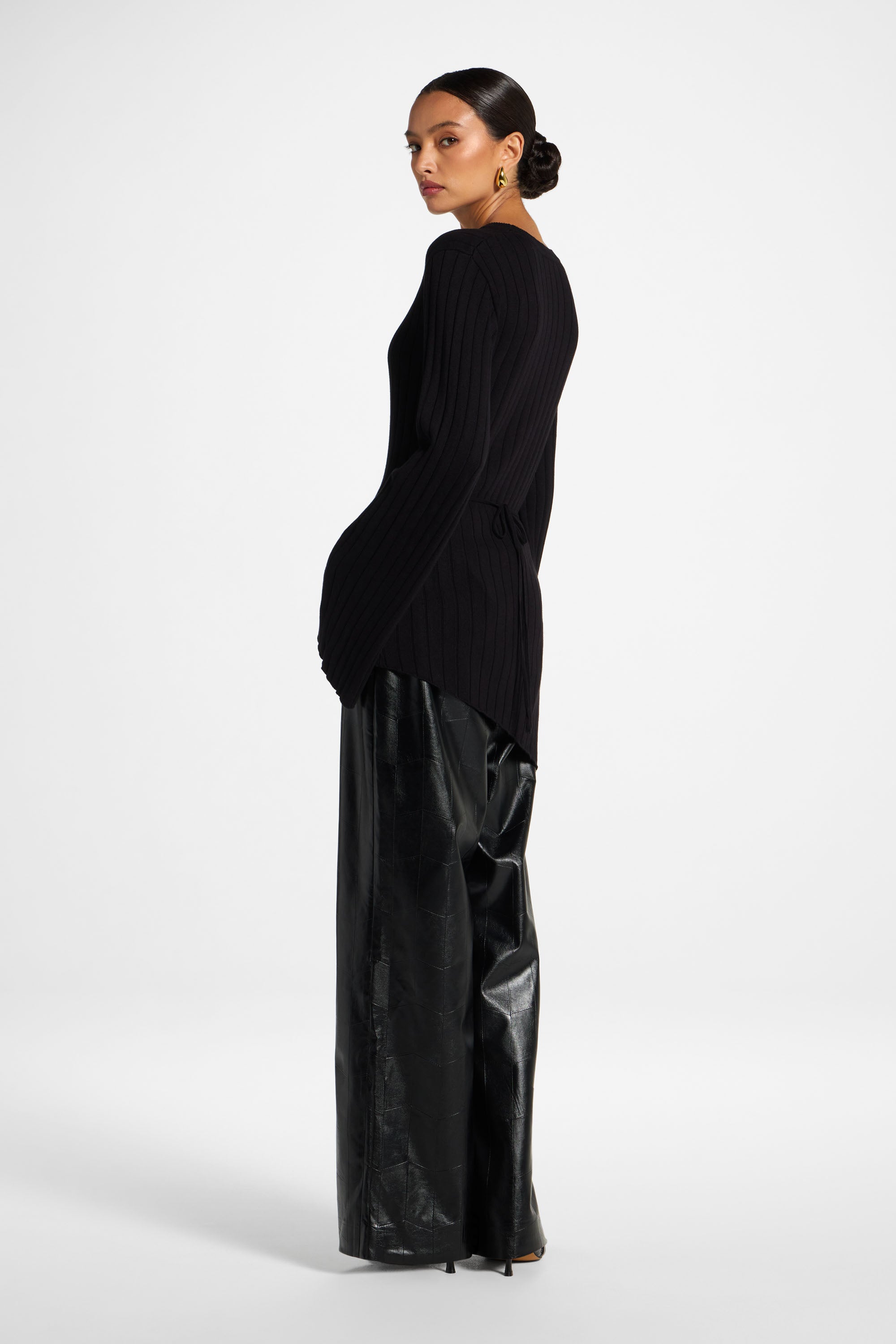 Viscose Rib Knit Tie Back Top - Black