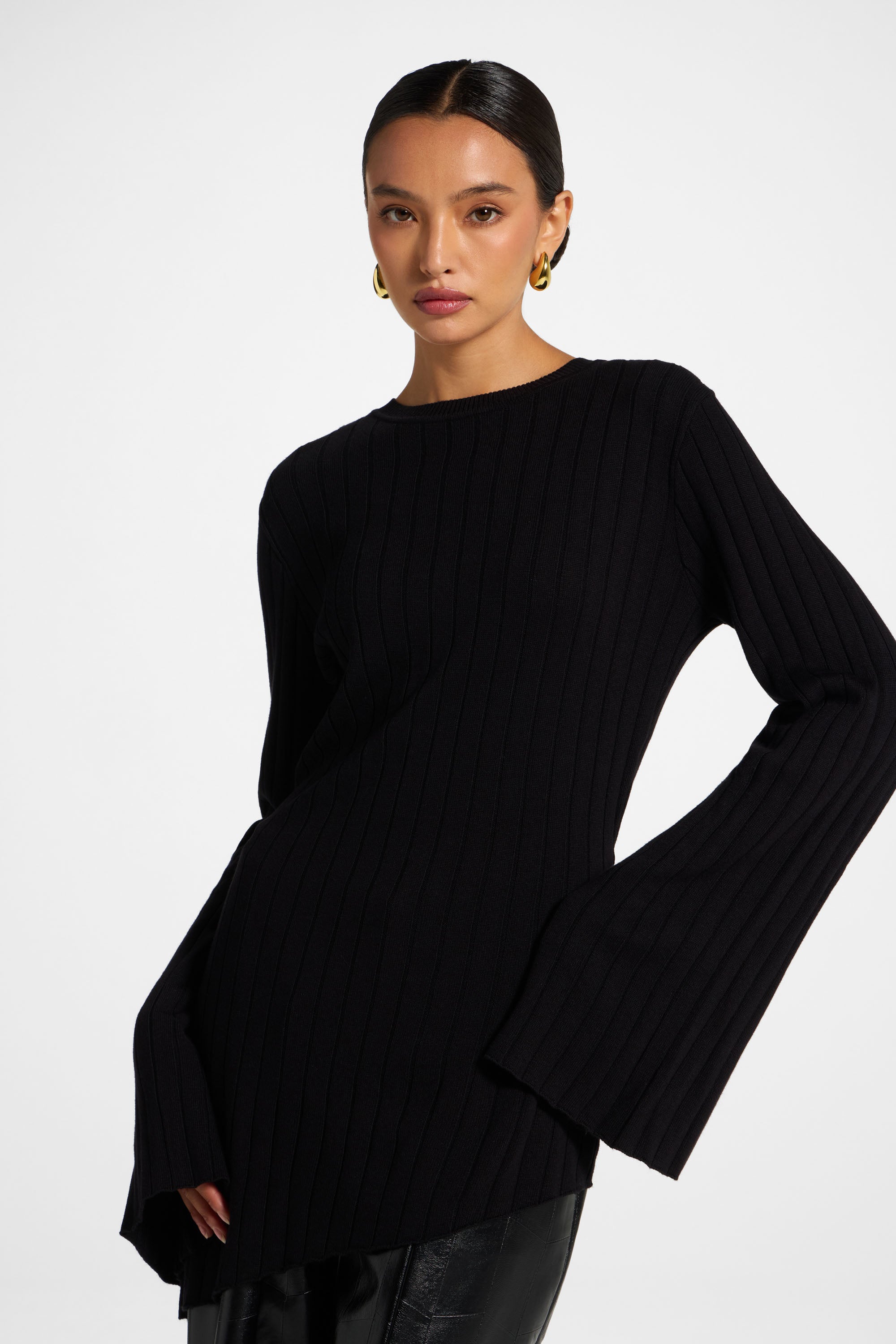Viscose Rib Knit Tie Back Top - Black