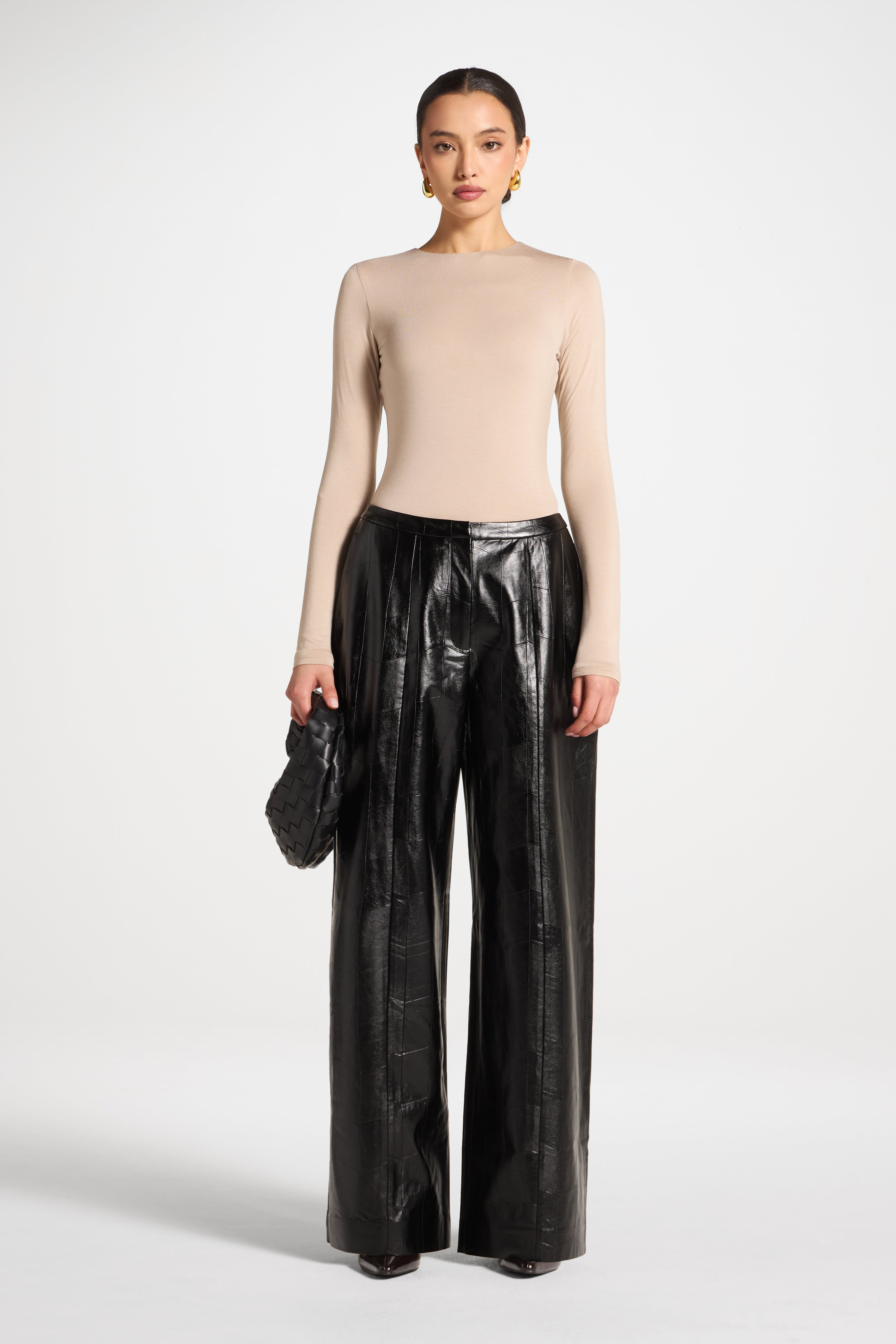 Wide Leg Leather Pants - Black
