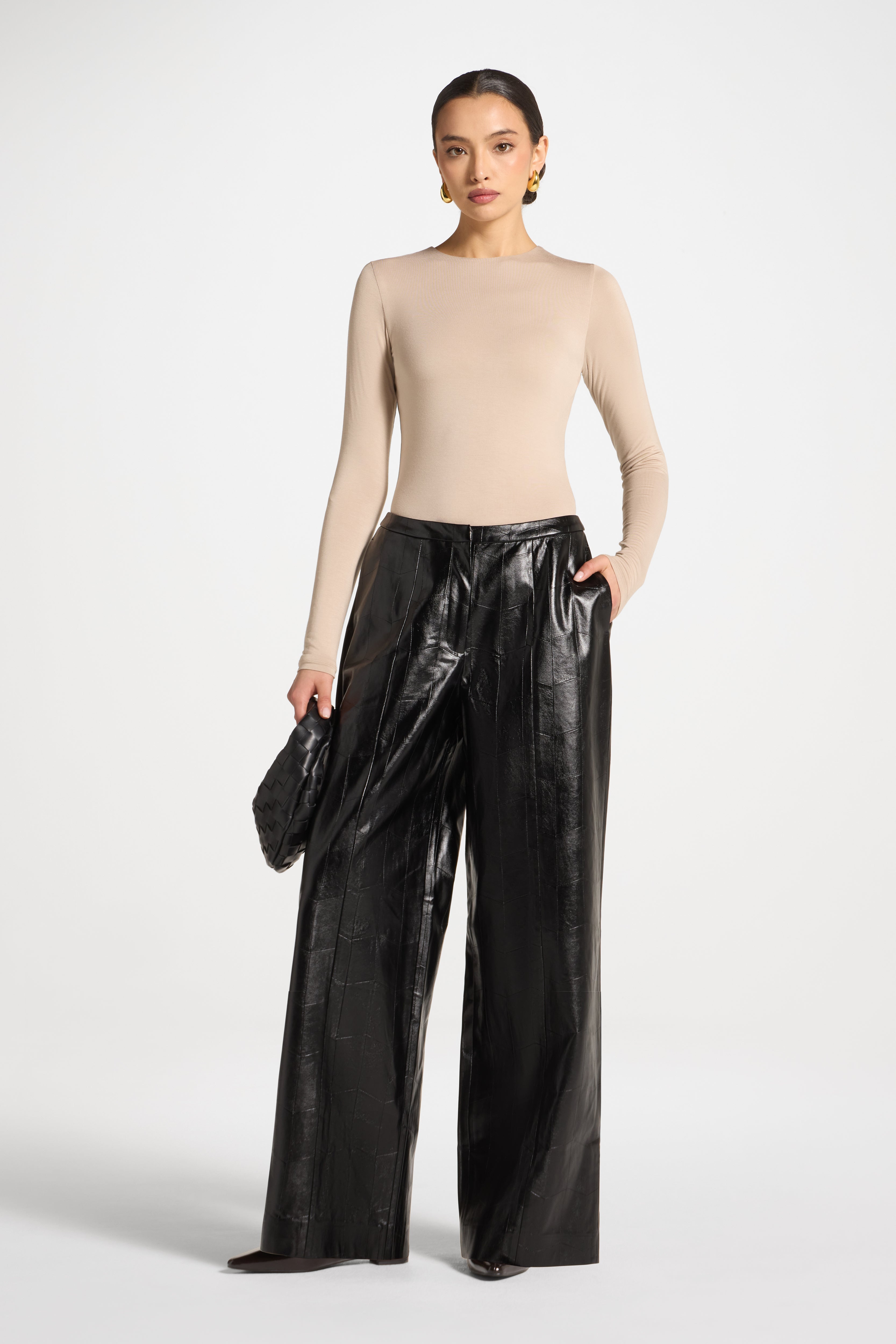Wide Leg Leather Pants - Black