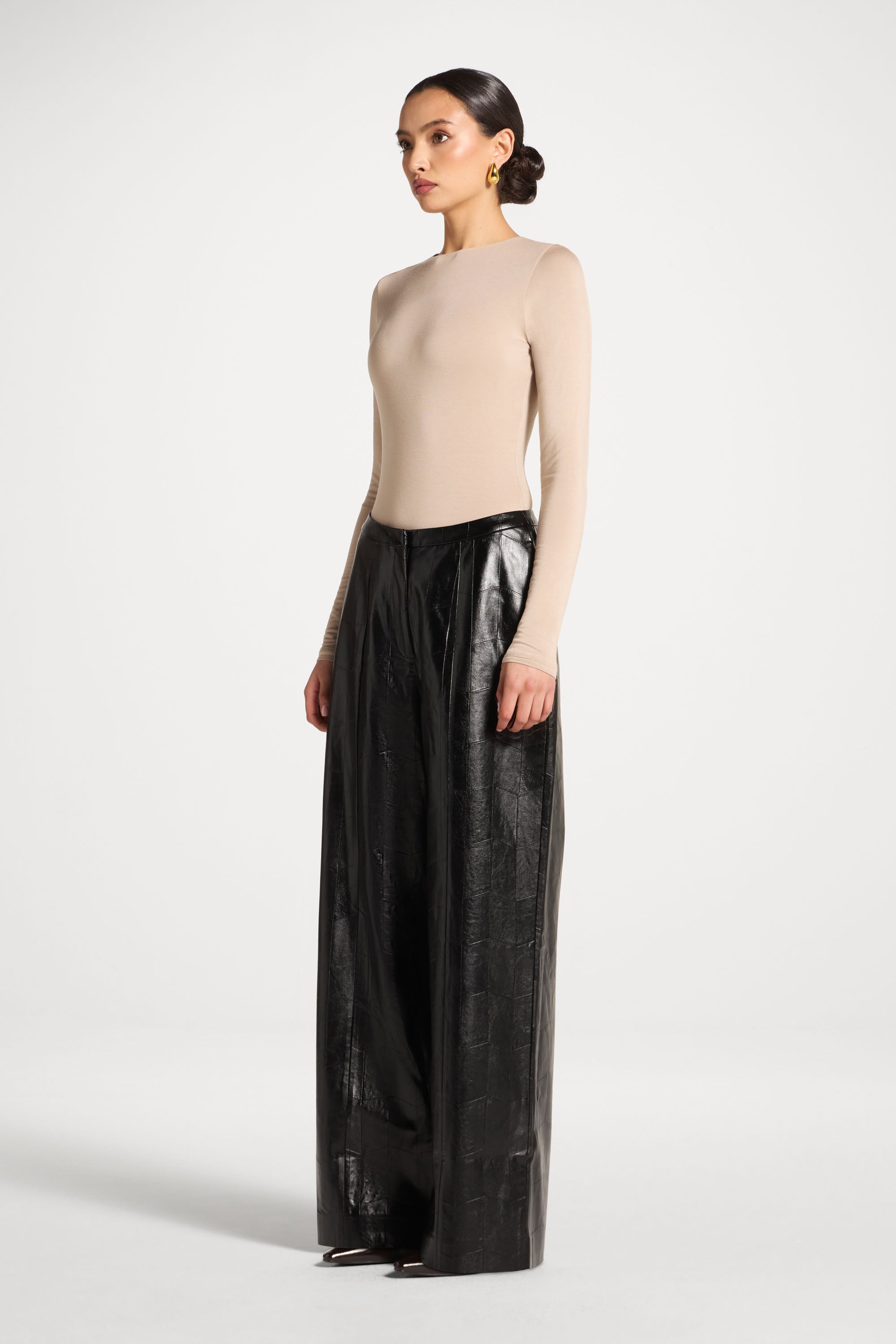Wide Leg Leather Pants - Black