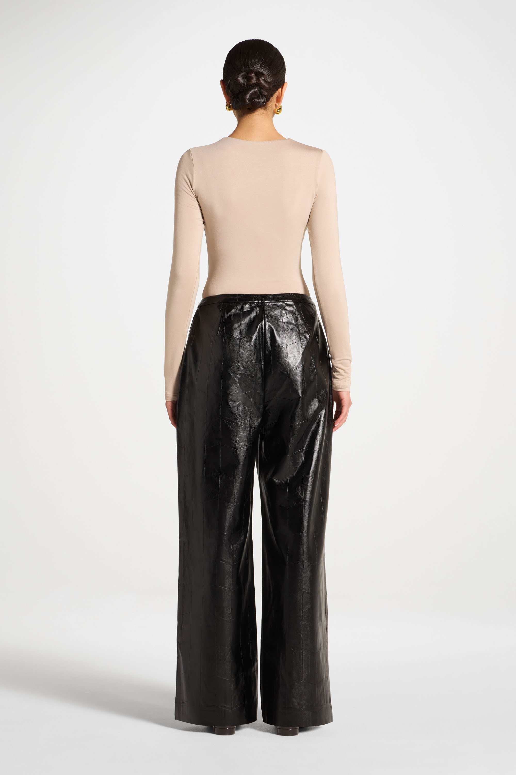 Wide Leg Leather Pants - Black