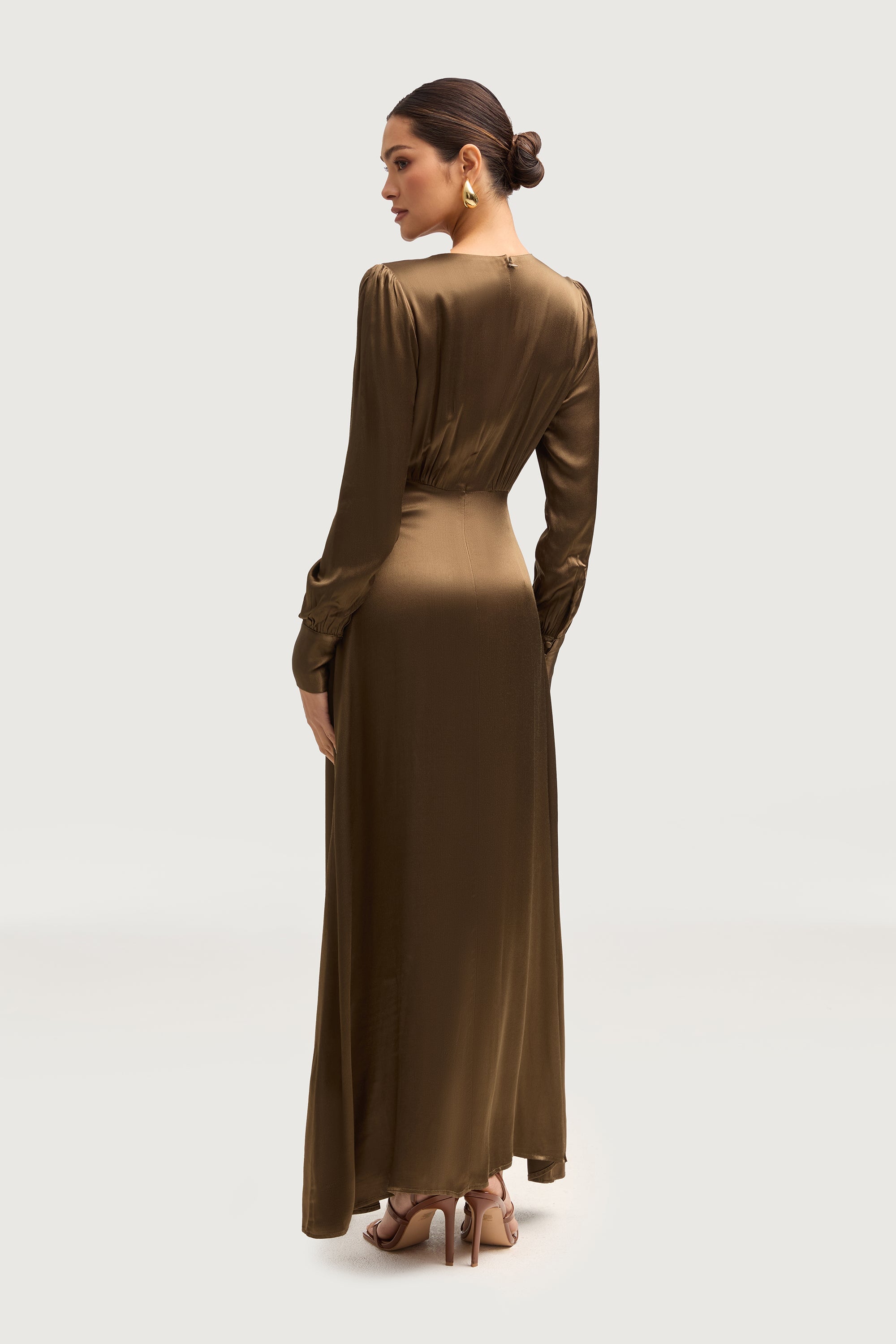 Aafiyat Button Front Silk Maxi Dress - Olive Night Dresses Veiled 