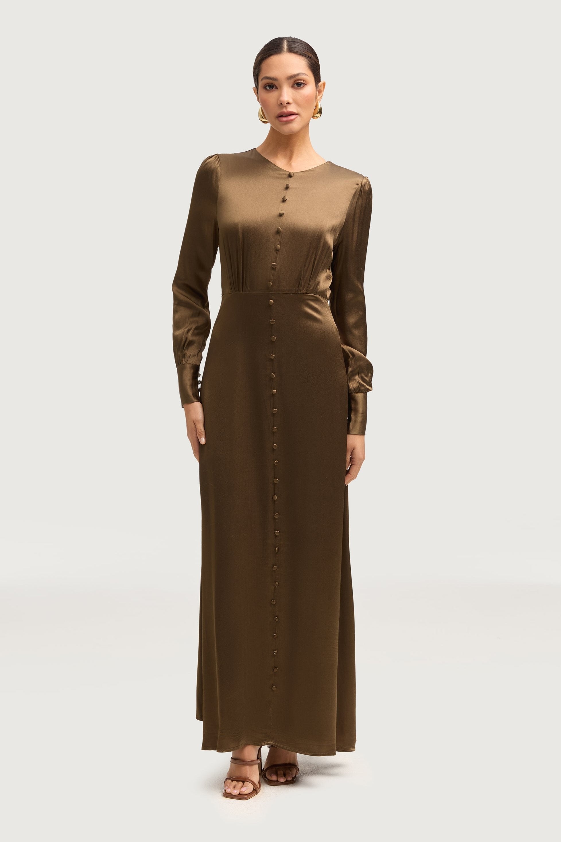 Aafiyat Button Front Silk Maxi Dress - Olive Night Dresses Veiled 