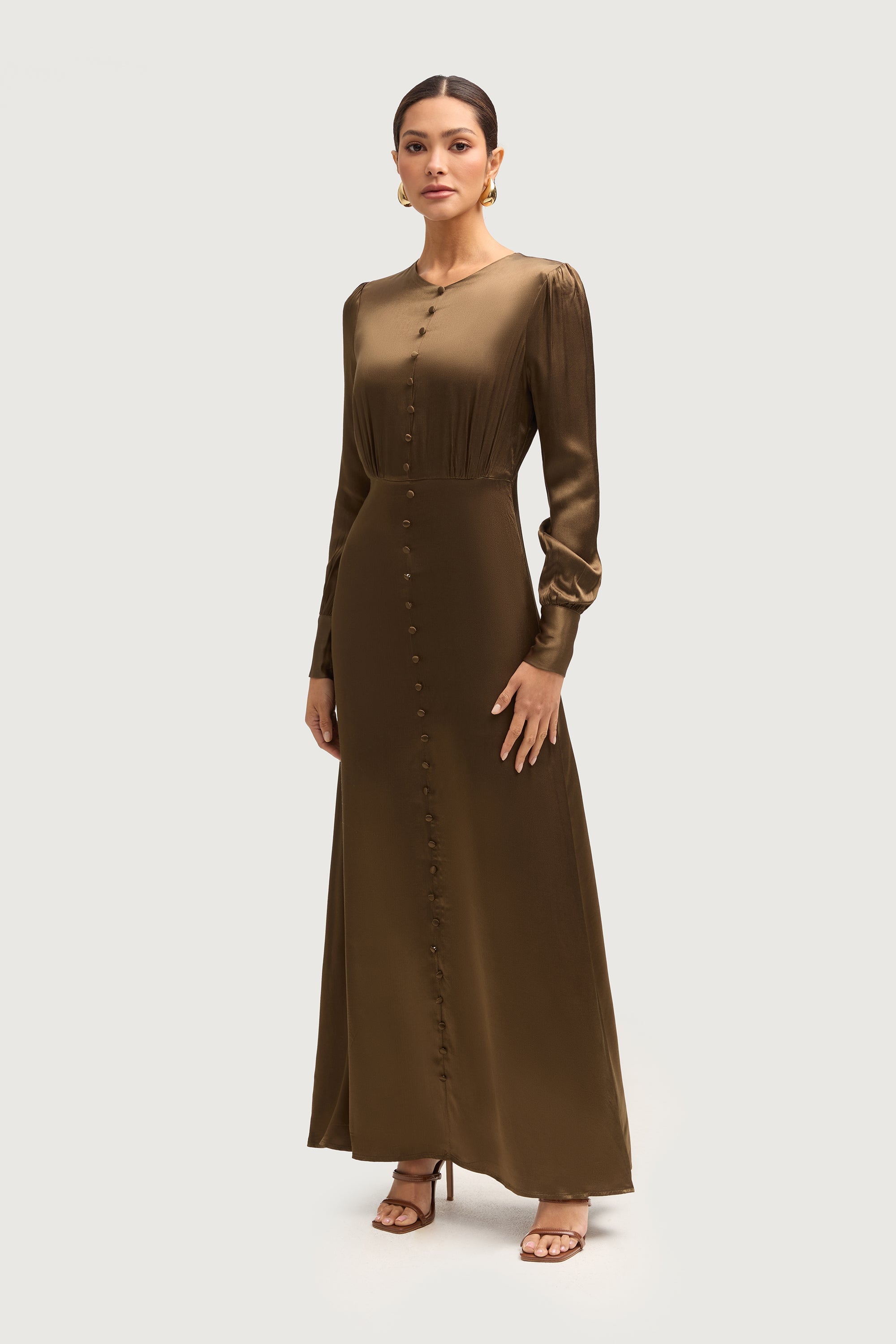 Aafiyat Button Front Silk Maxi Dress - Olive Night Dresses Veiled 