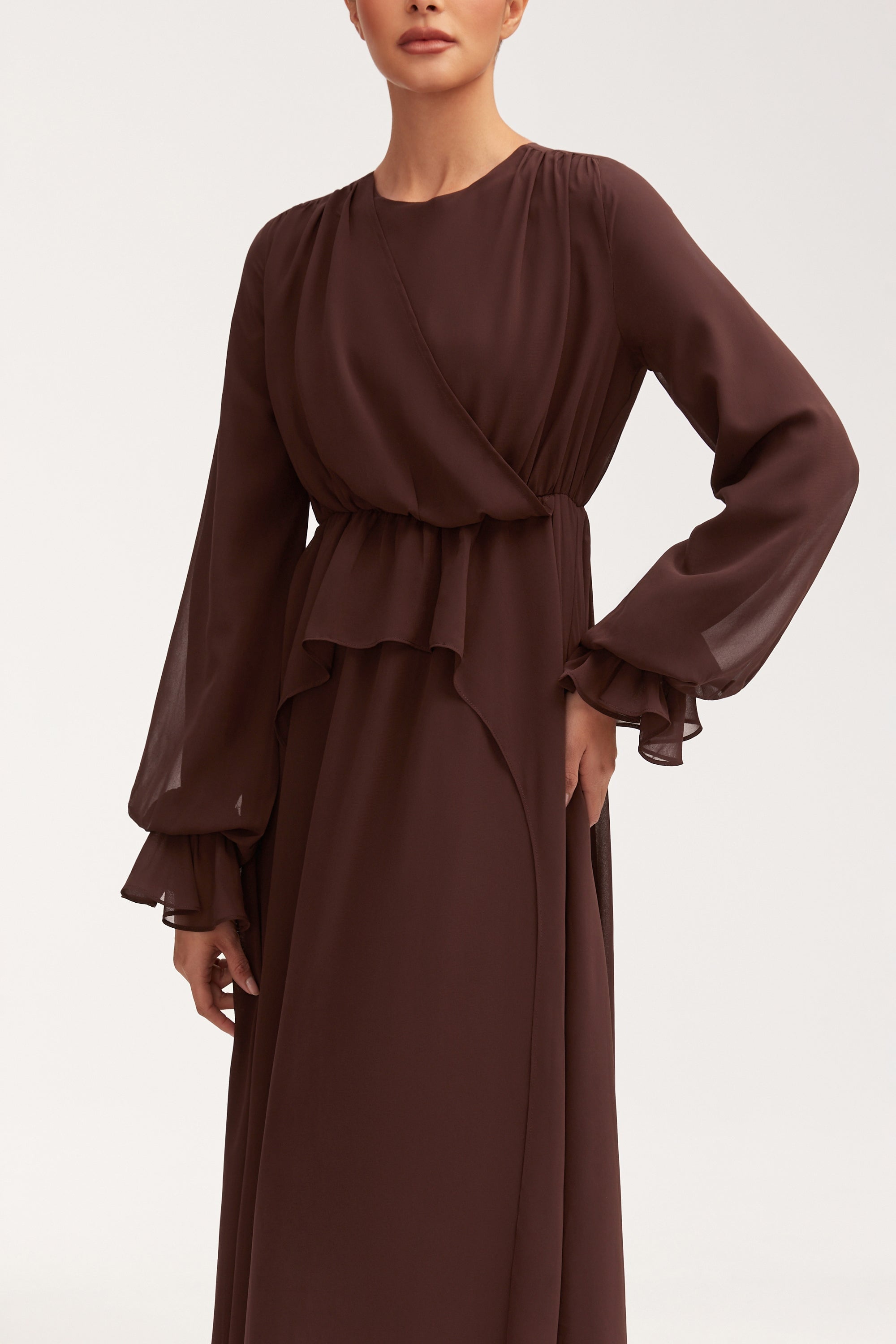 Aara Chiffon Maxi Dress - Chocolate Clothing Veiled 