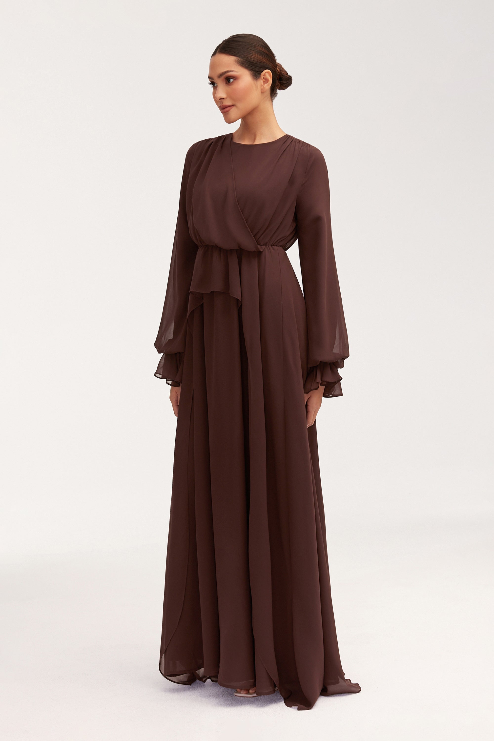 Aara Chiffon Maxi Dress - Chocolate Clothing Veiled 