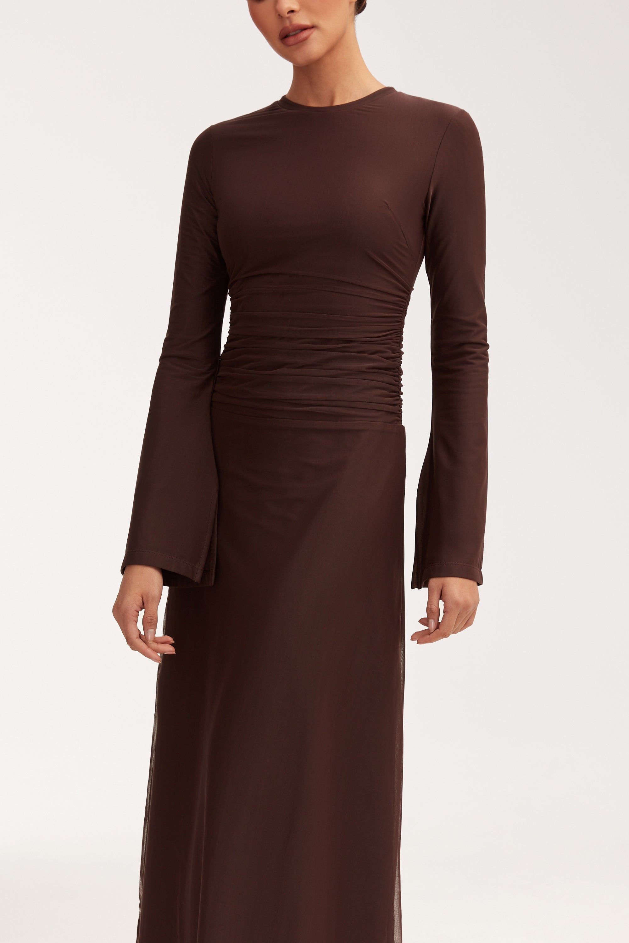 Adelina Rouched Mesh Maxi Dress - Chocolate Plum Dresses Veiled 