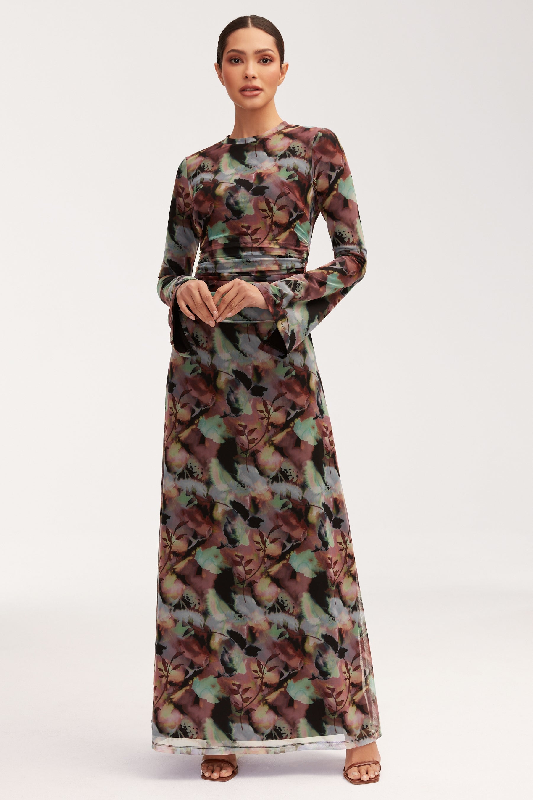 Adelina Rouched Mesh Maxi Dress - Floral Tie Dye Dresses Veiled 