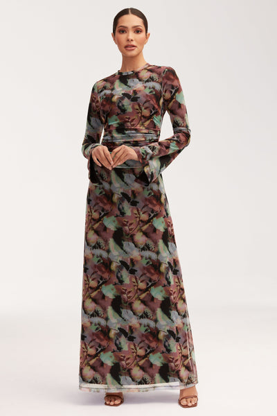 Adelina Rouched Mesh Maxi Dress - Floral Tie Dye