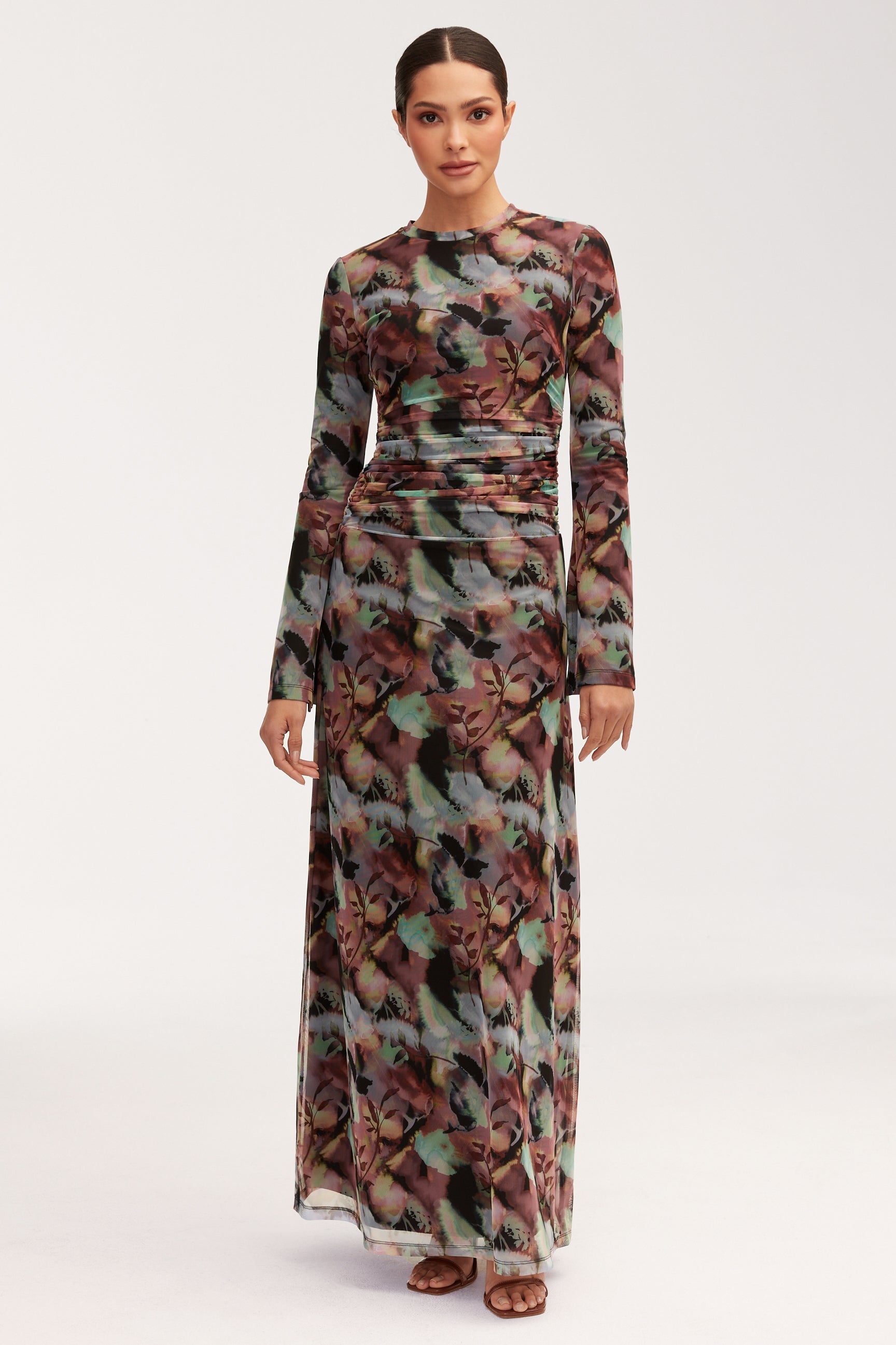 Adelina Rouched Mesh Maxi Dress - Floral Tie Dye Dresses Veiled 