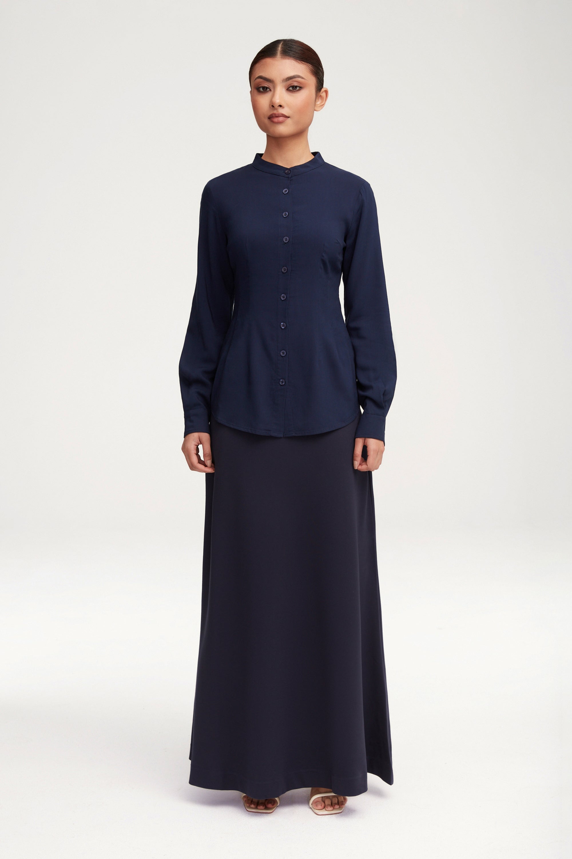 Adina Fitted Button Down Top - Navy Blue Clothing Veiled 