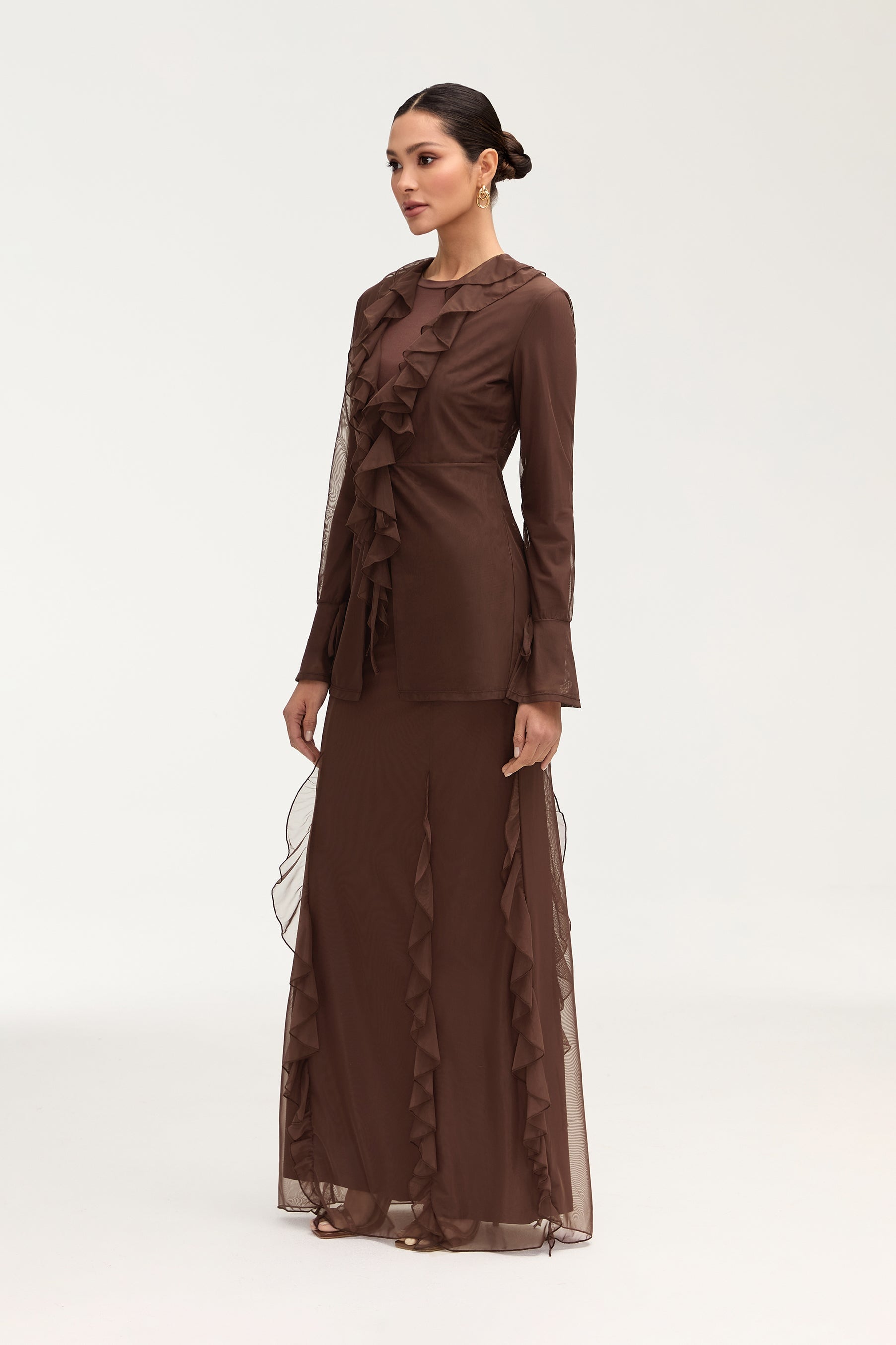 Adriana Waterfall Mesh Maxi Skirt - Brown Clothing Veiled 