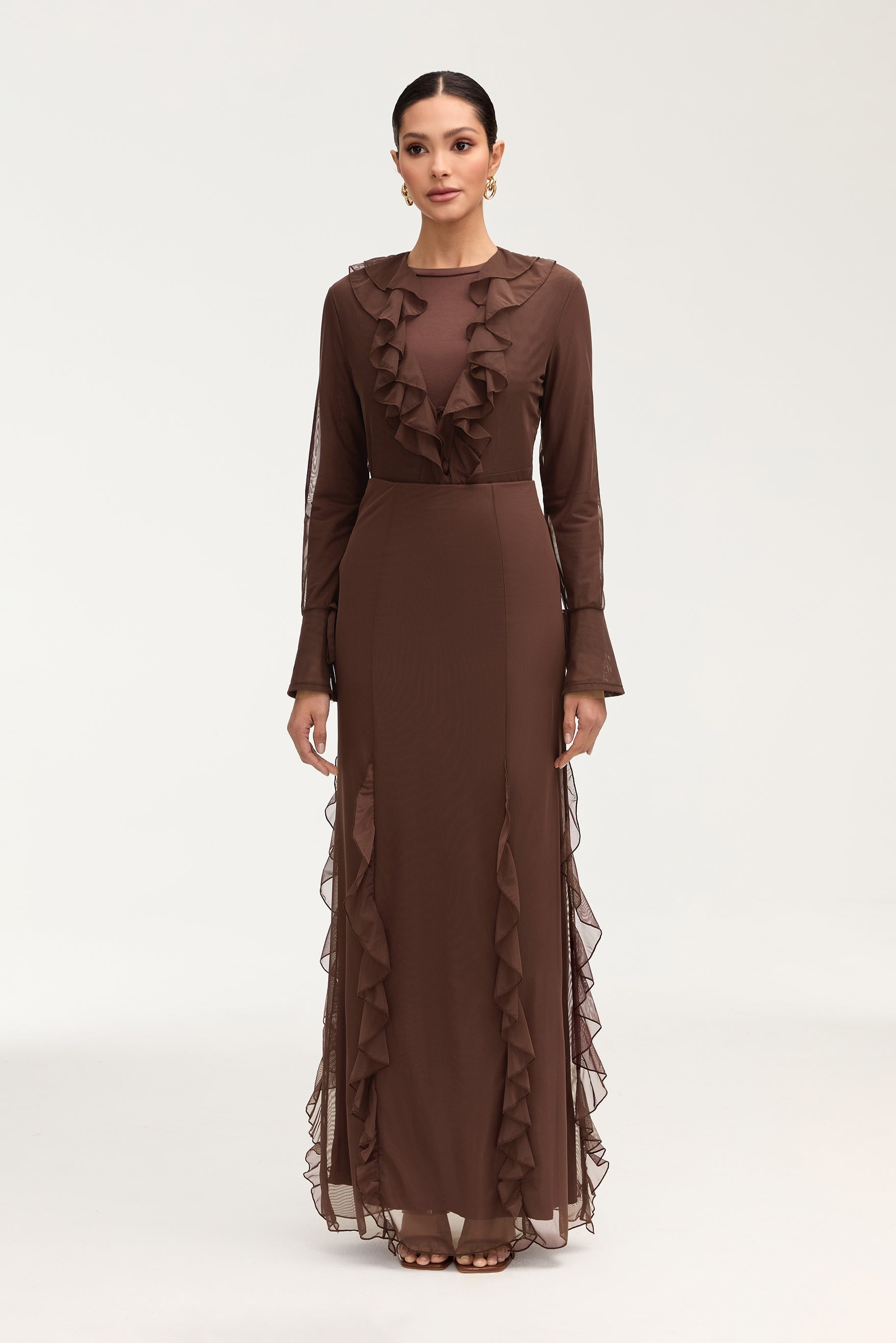 Adriana Waterfall Mesh Maxi Skirt - Brown Clothing Veiled 