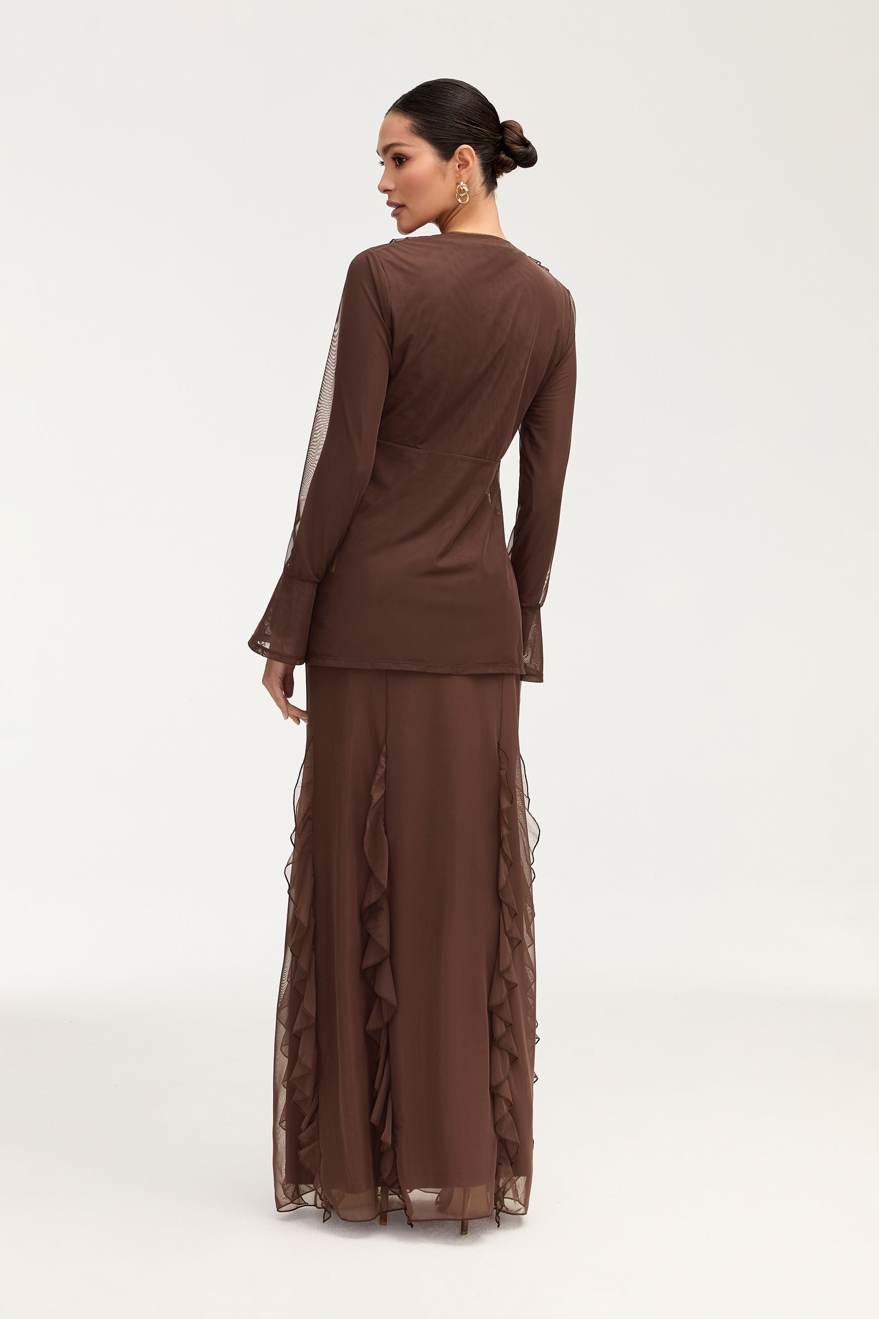 Adriana Waterfall Mesh Maxi Skirt - Brown Clothing Veiled 