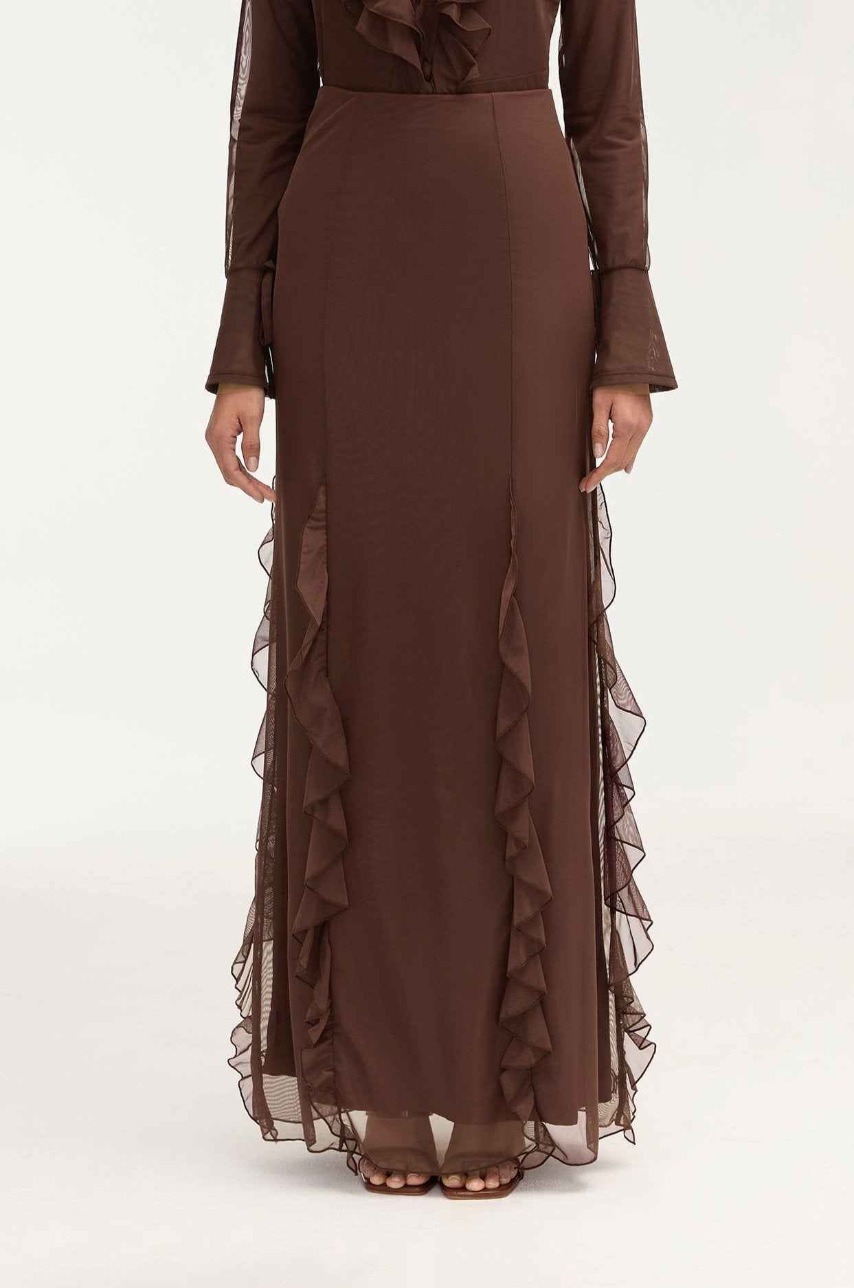 Adriana Waterfall Mesh Maxi Skirt - Brown Clothing Veiled 