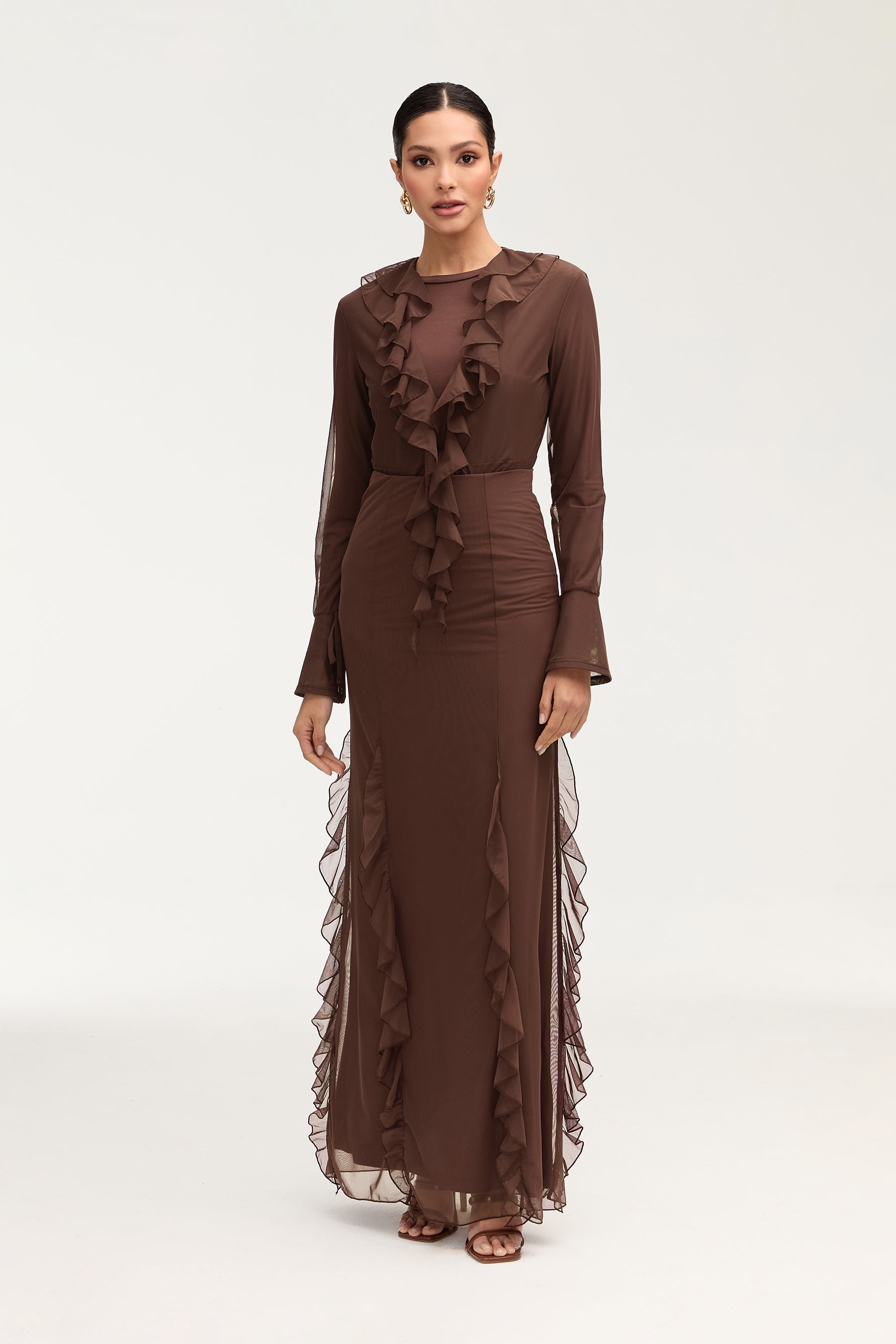 Adriana Waterfall Mesh Maxi Skirt - Brown Clothing Veiled 