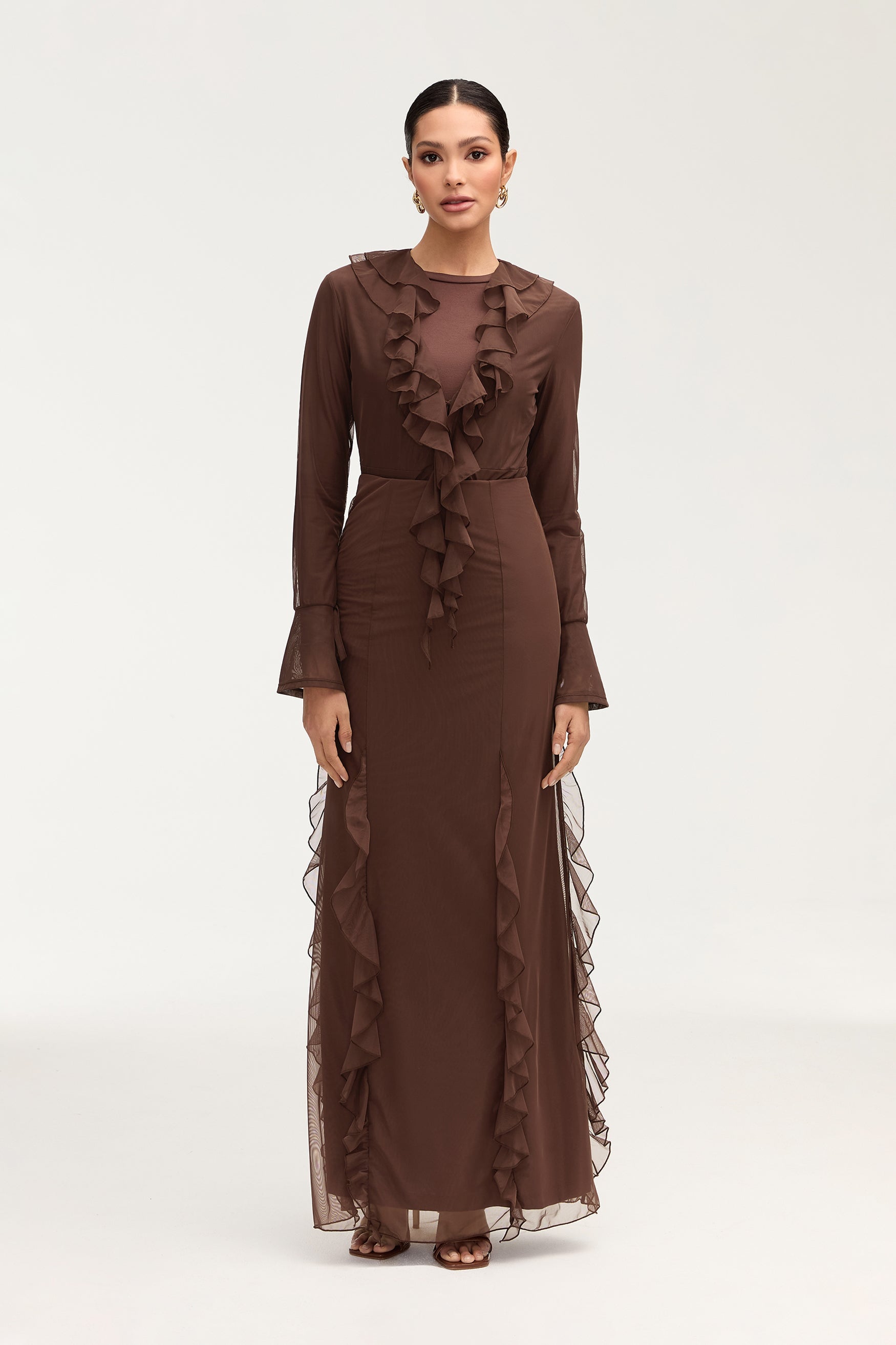 Adriana Waterfall Mesh Maxi Skirt - Brown Clothing Veiled 