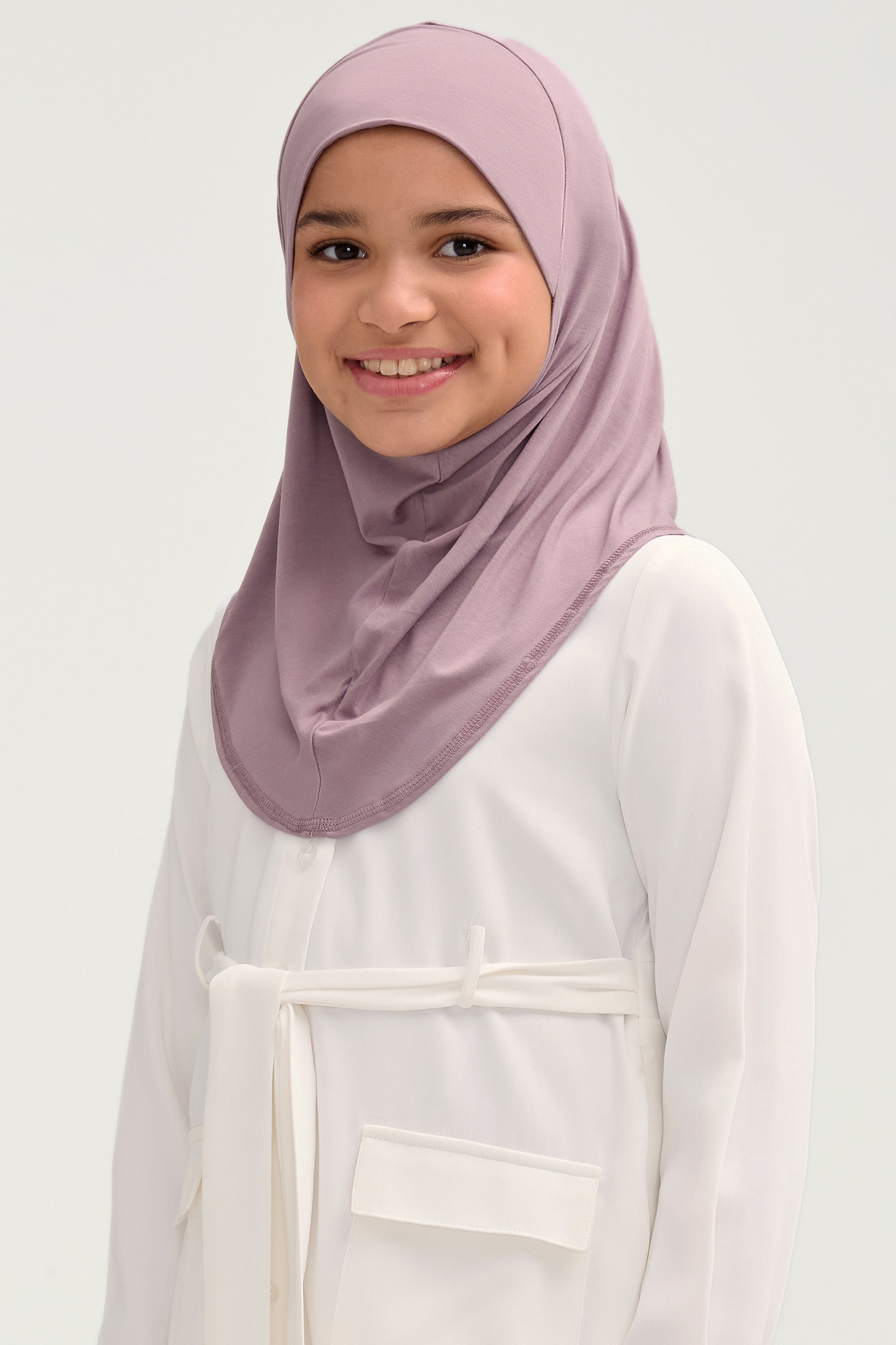 Amira Bamboo Jersey Instant Hijab - Purple Dove (Girls) Veiled 