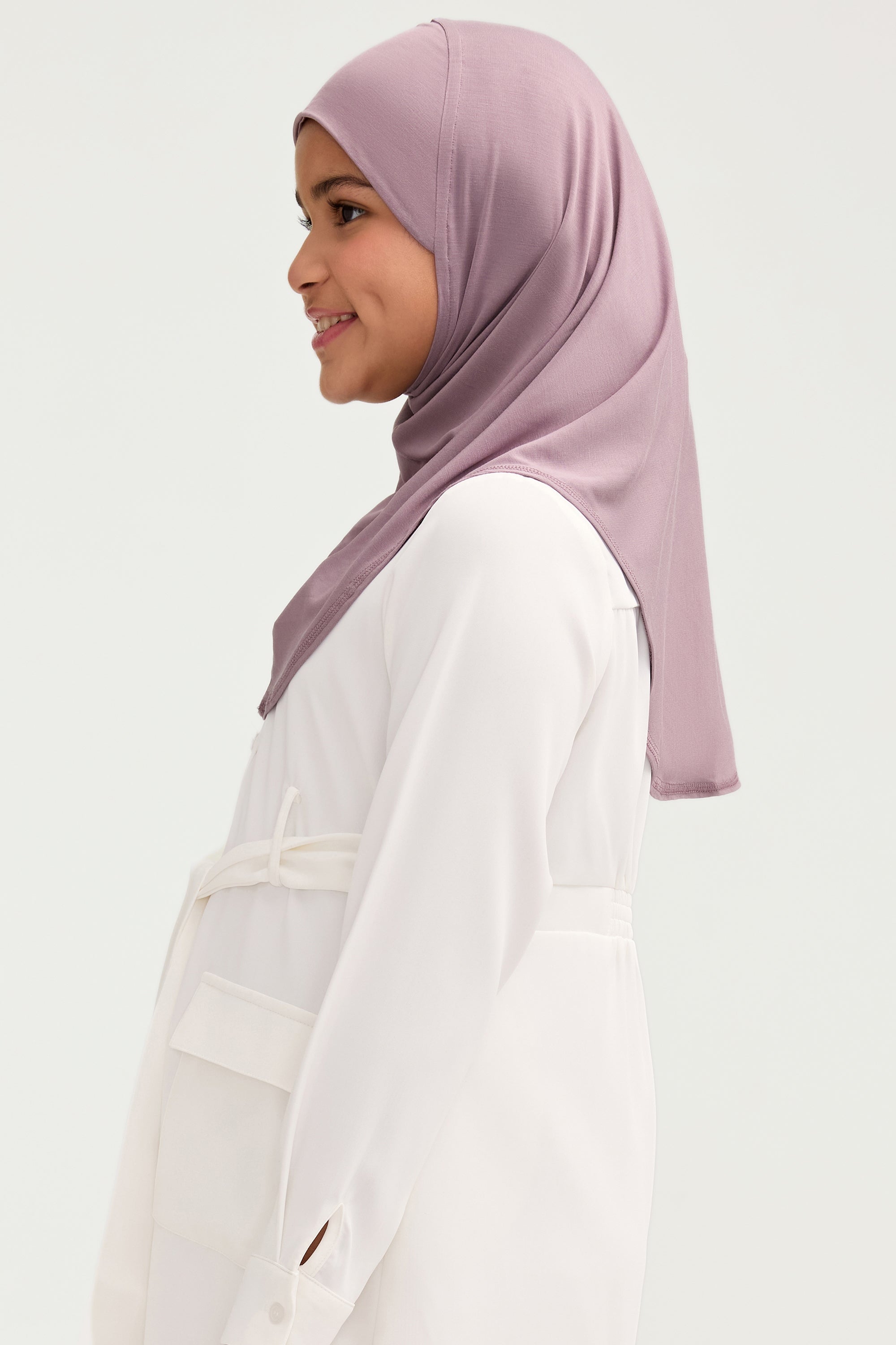 Amira Bamboo Jersey Instant Hijab - Purple Dove (Girls) Veiled 