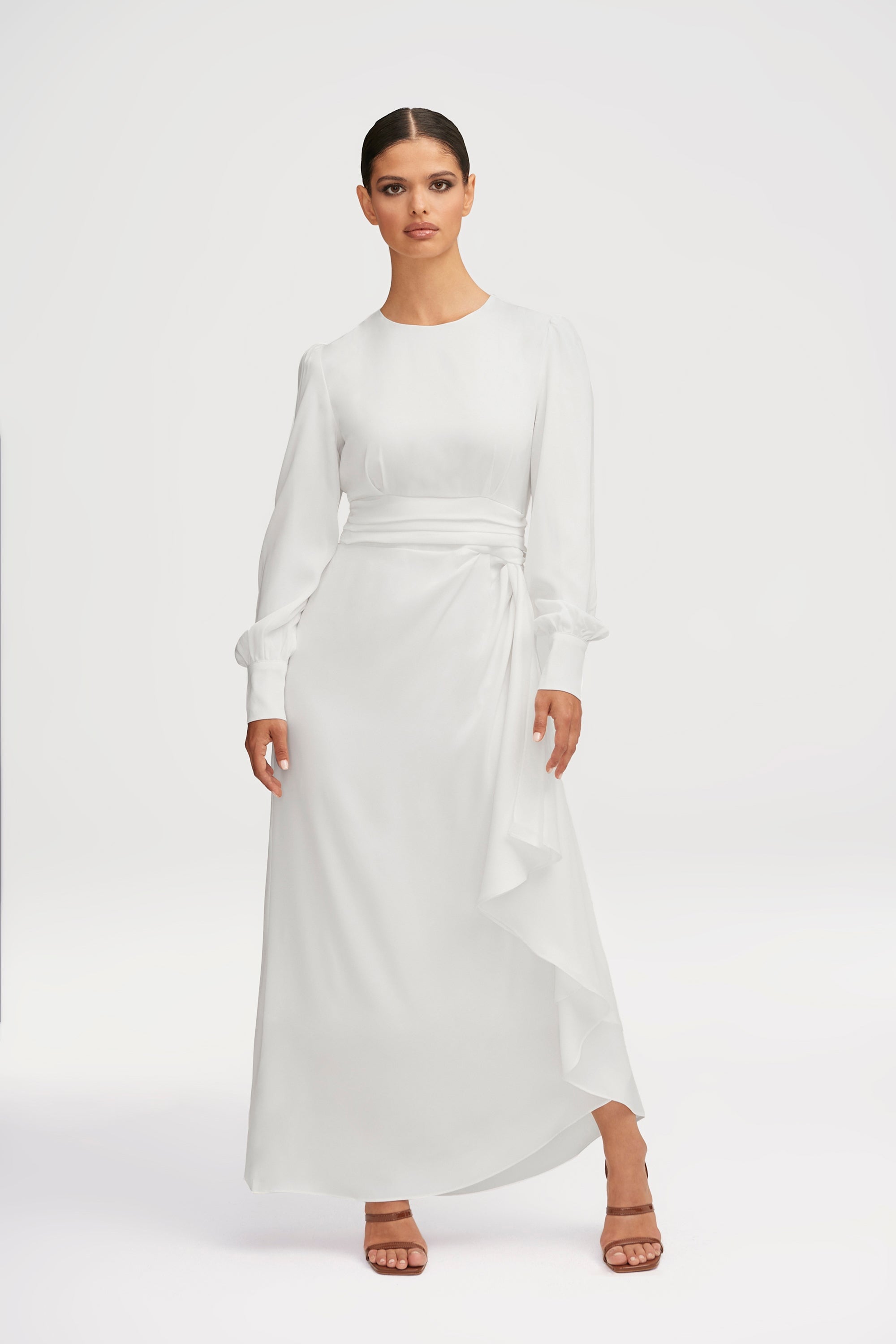 Anabelle Pleated Waist Ruffle Maxi Dress - White Clothing saigonodysseyhotel 