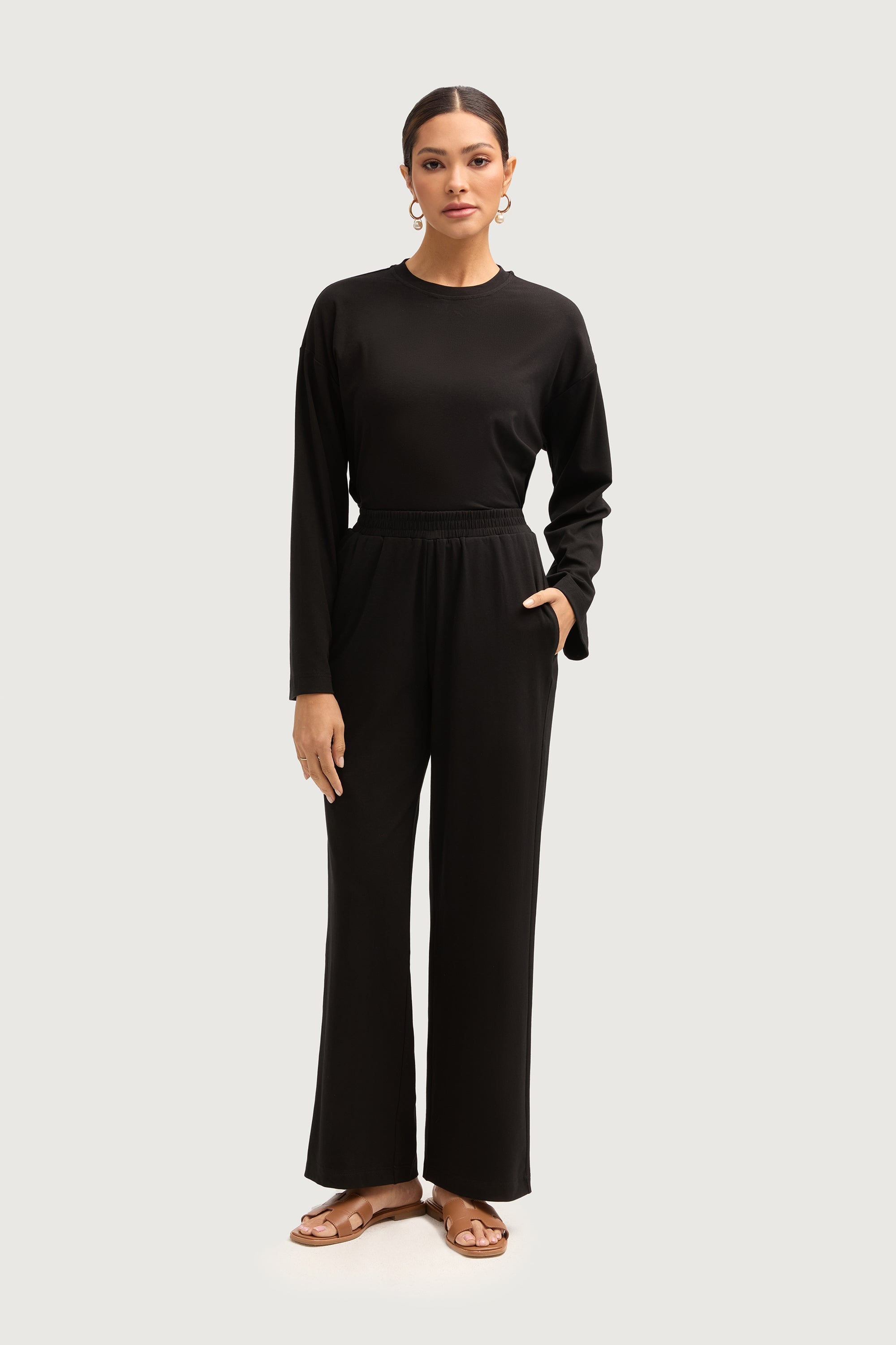 Aria Ribbed Everyday Wide Leg Pants - Black Bottoms Veiled Collection 