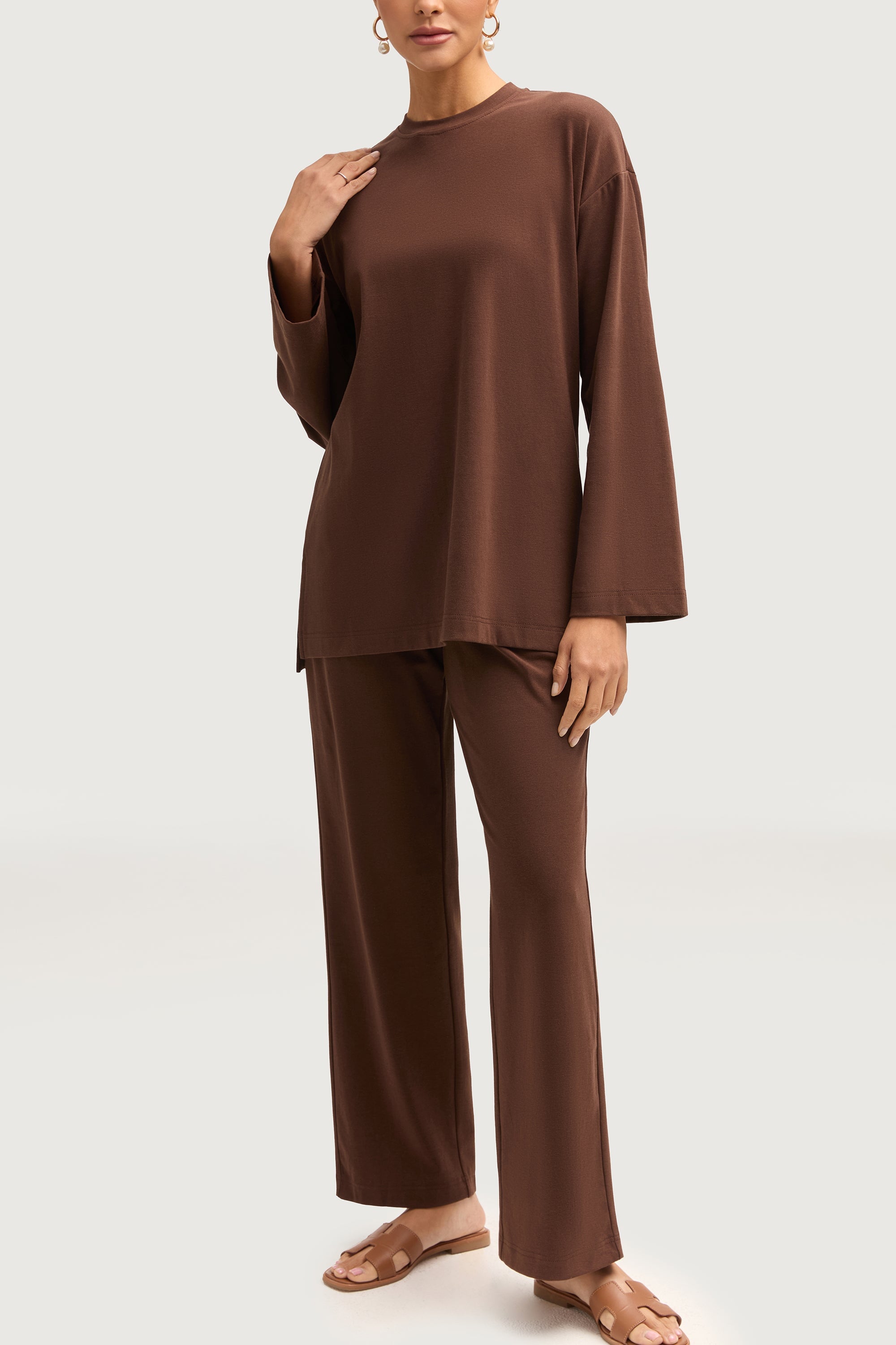 Aria Ribbed Everyday Wide Leg Pants - Dark Brown Bottoms Veiled Collection 