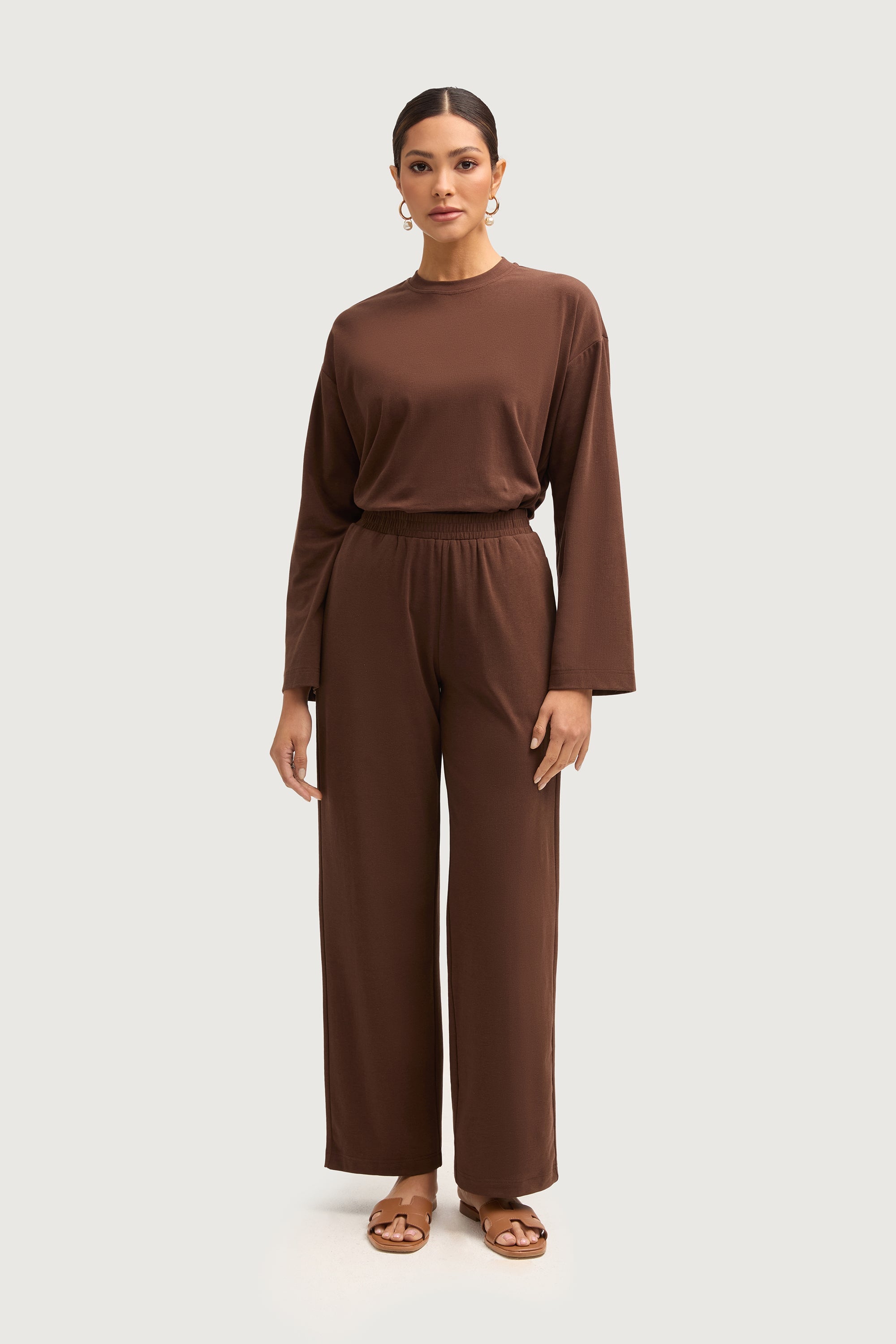 Aria Ribbed Everyday Wide Leg Pants - Dark Brown Bottoms Veiled Collection 