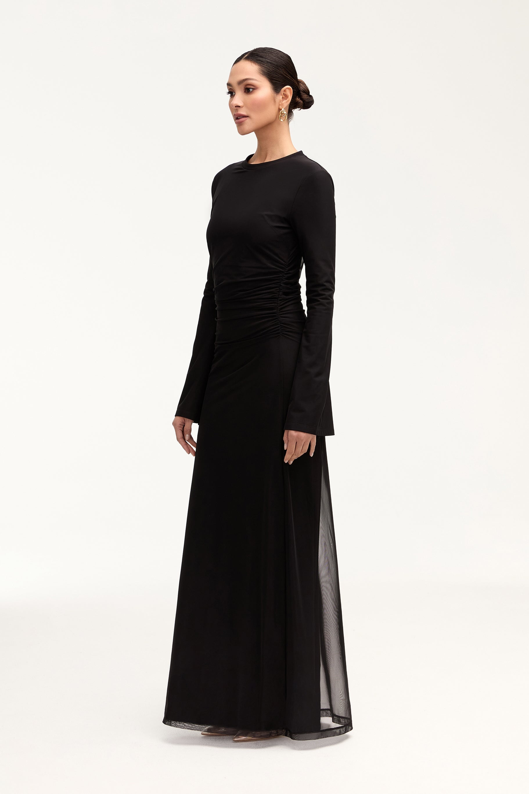 Arianna Rouched Mesh Maxi Dress - Black Clothing Veiled 