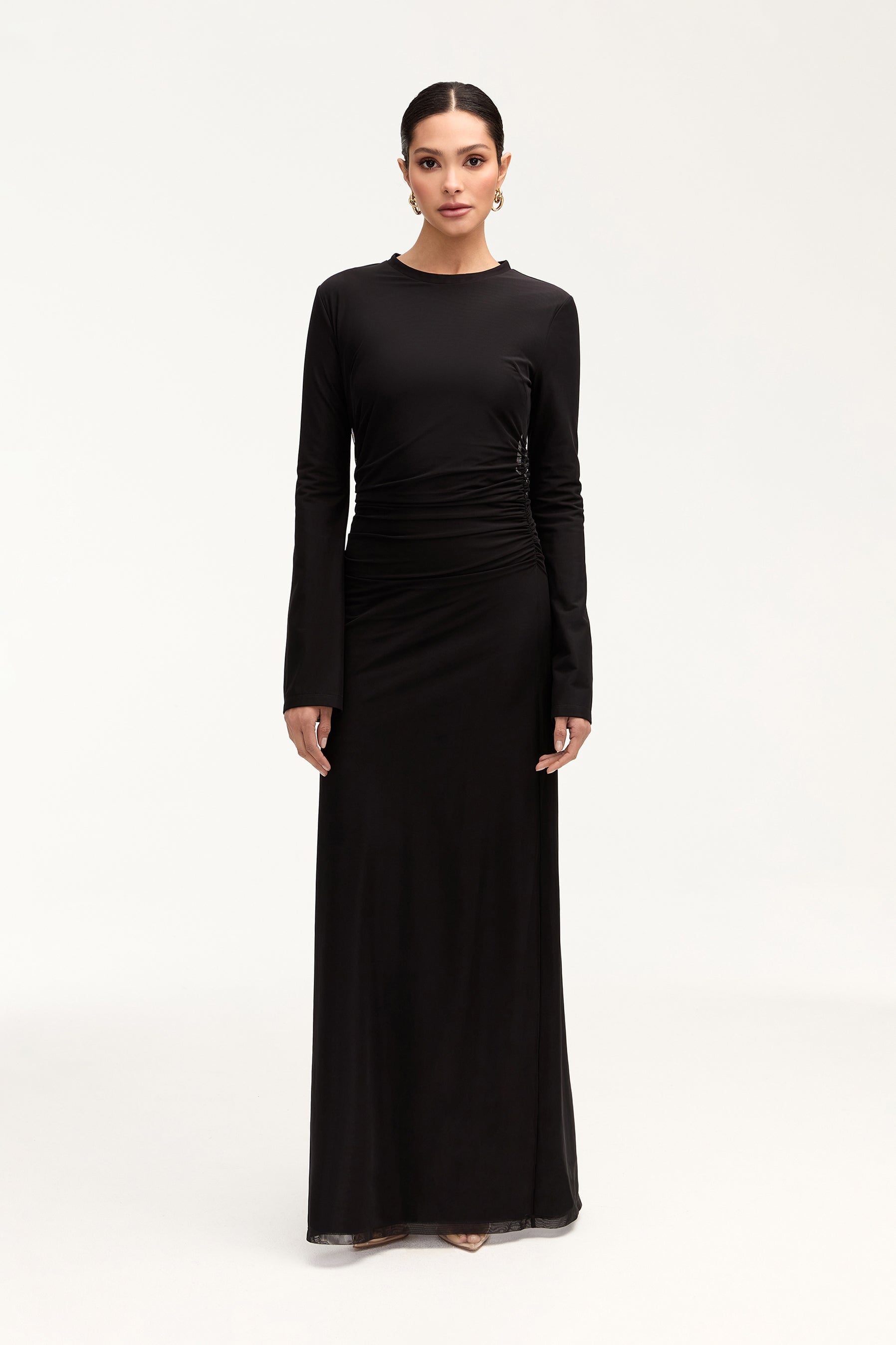 Arianna Rouched Mesh Maxi Dress - Black Clothing epschoolboard 