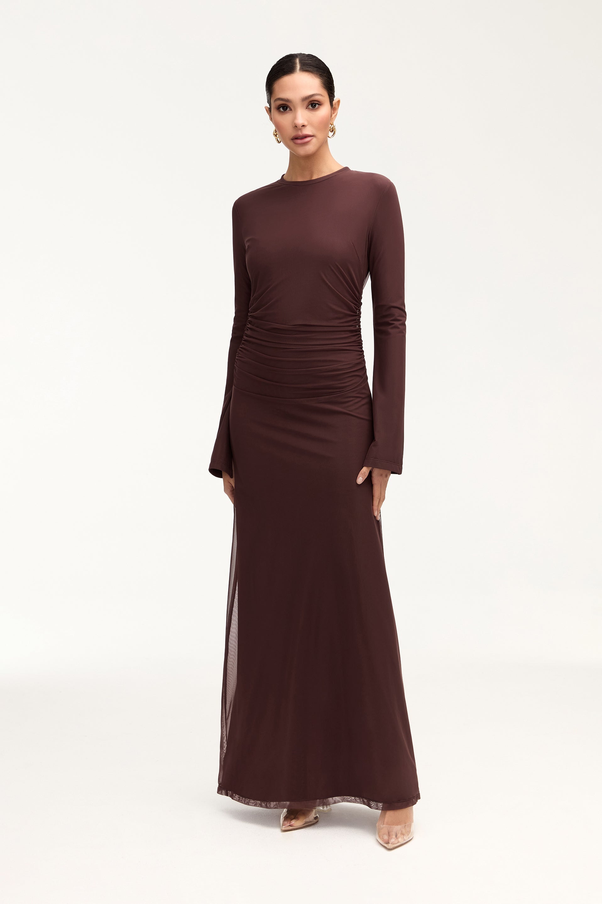 Arianna Rouched Mesh Maxi Dress - Espresso Clothing Veiled 