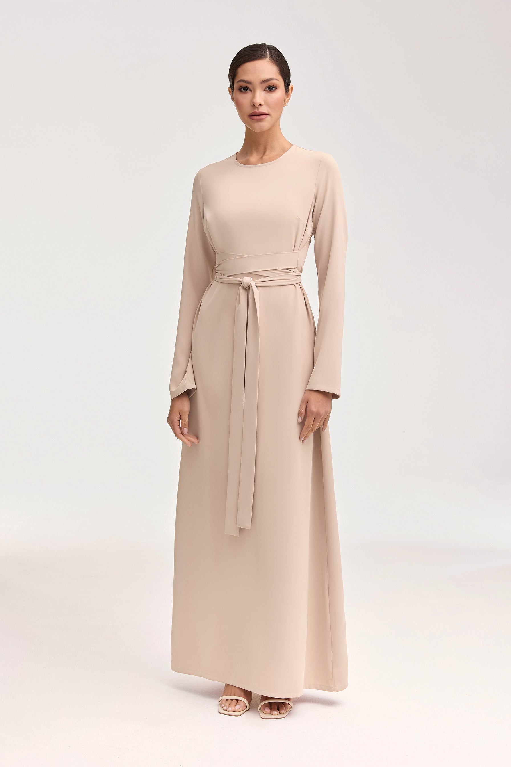 Asalah Wrap Waist Maxi Dress Abaya Set Creme Brulee