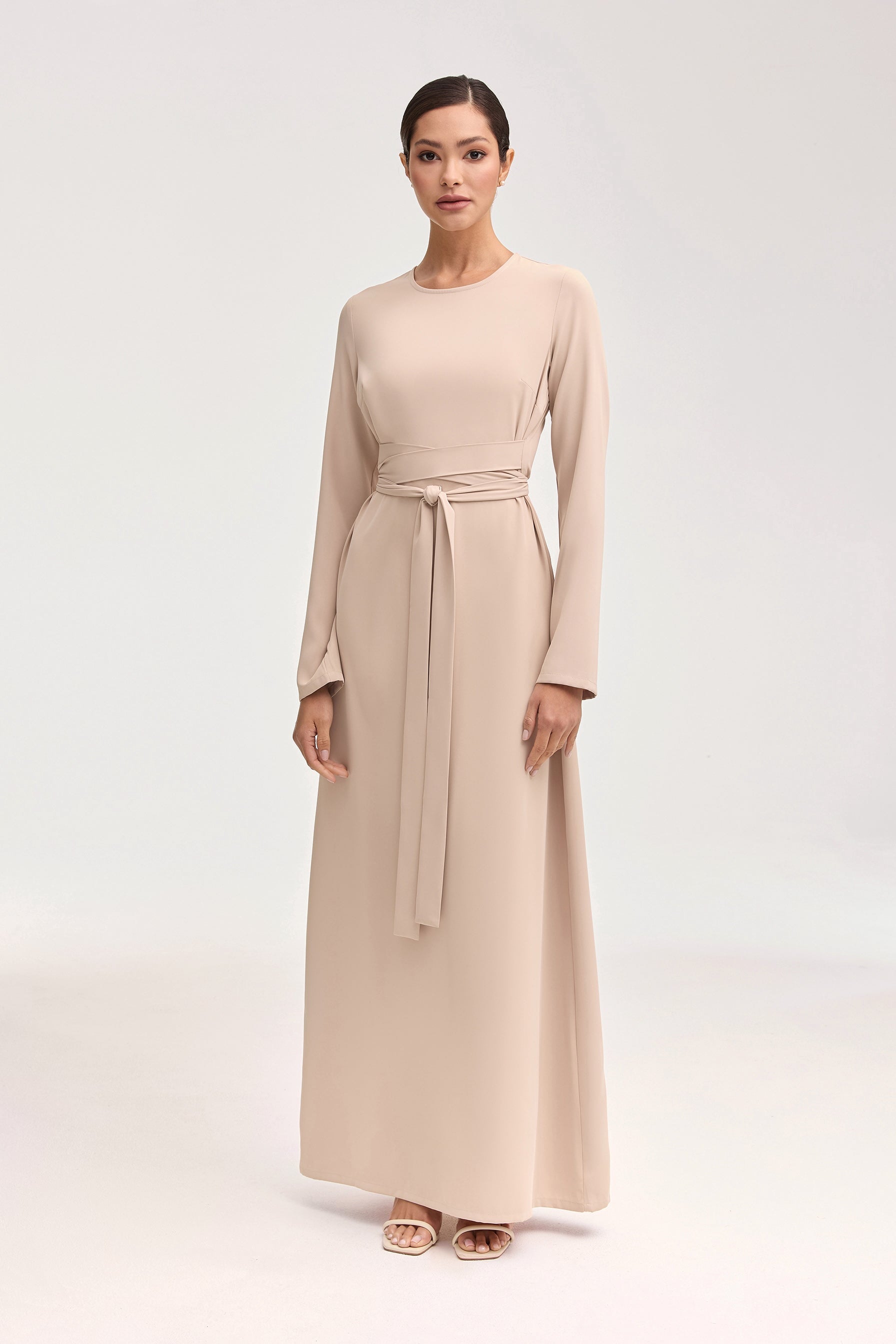Asalah Wrap Waist Maxi Dress & Abaya Set - Creme Brulee Clothing Veiled 