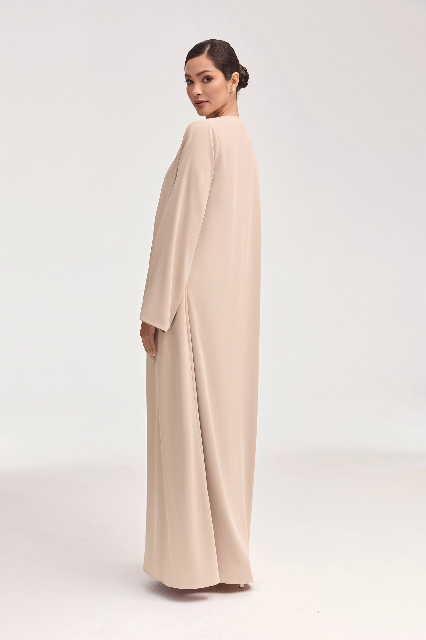 Asalah Wrap Waist Maxi Dress & Abaya Set - Creme Brulee Clothing Veiled 