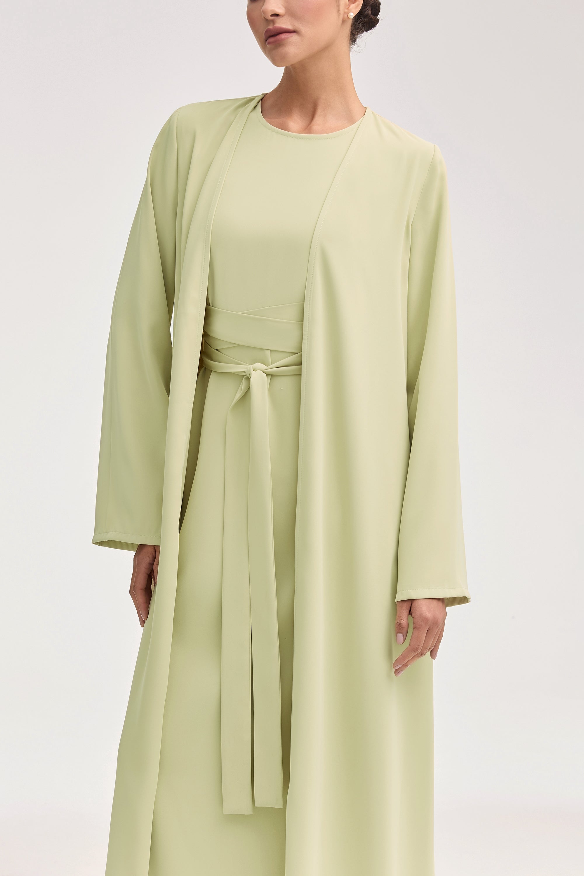Asalah Wrap Waist Maxi Dress & Abaya Set - Pistachio Clothing Veiled 