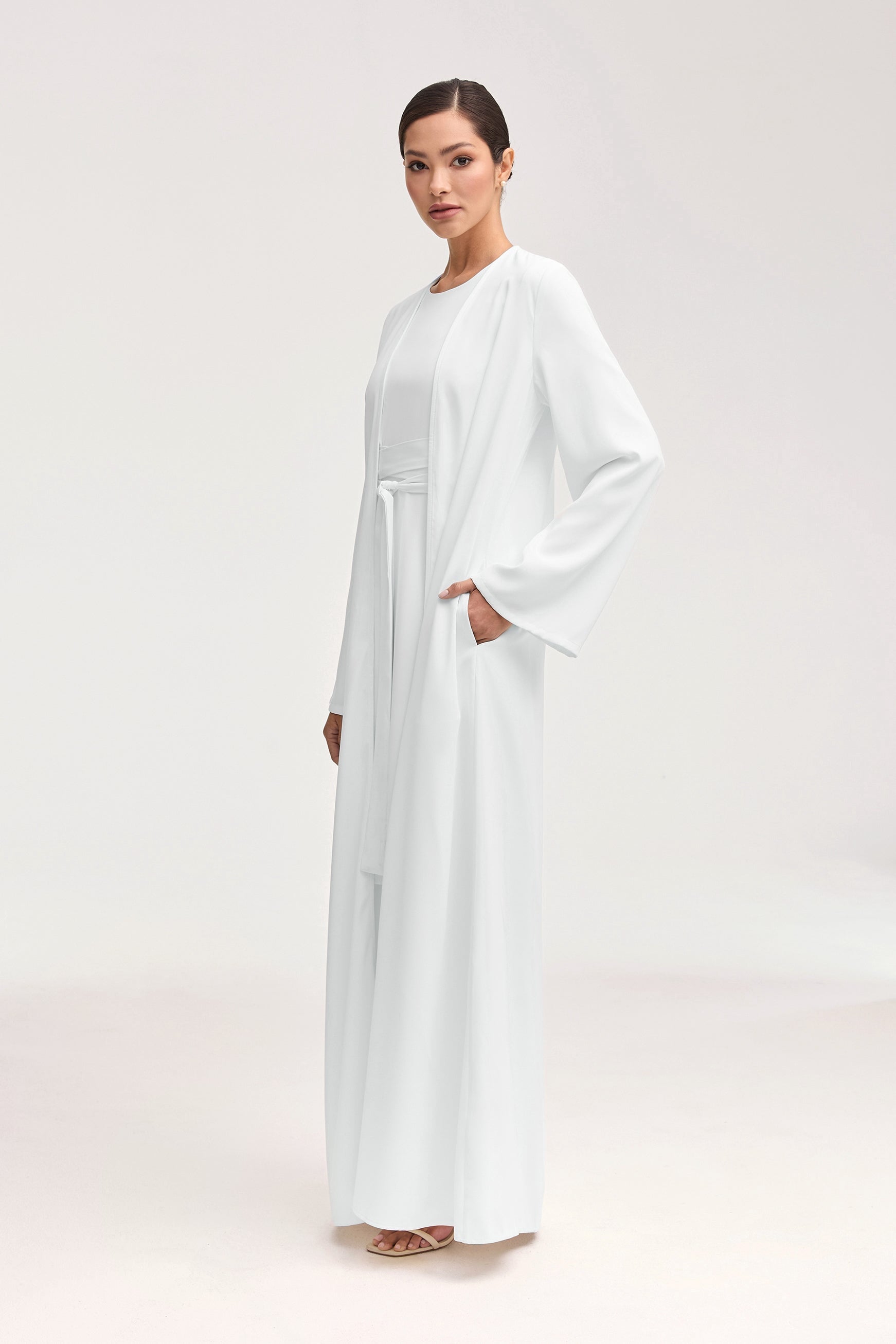 Asalah Wrap Waist Maxi Dress & Abaya Set - White Clothing Veiled 