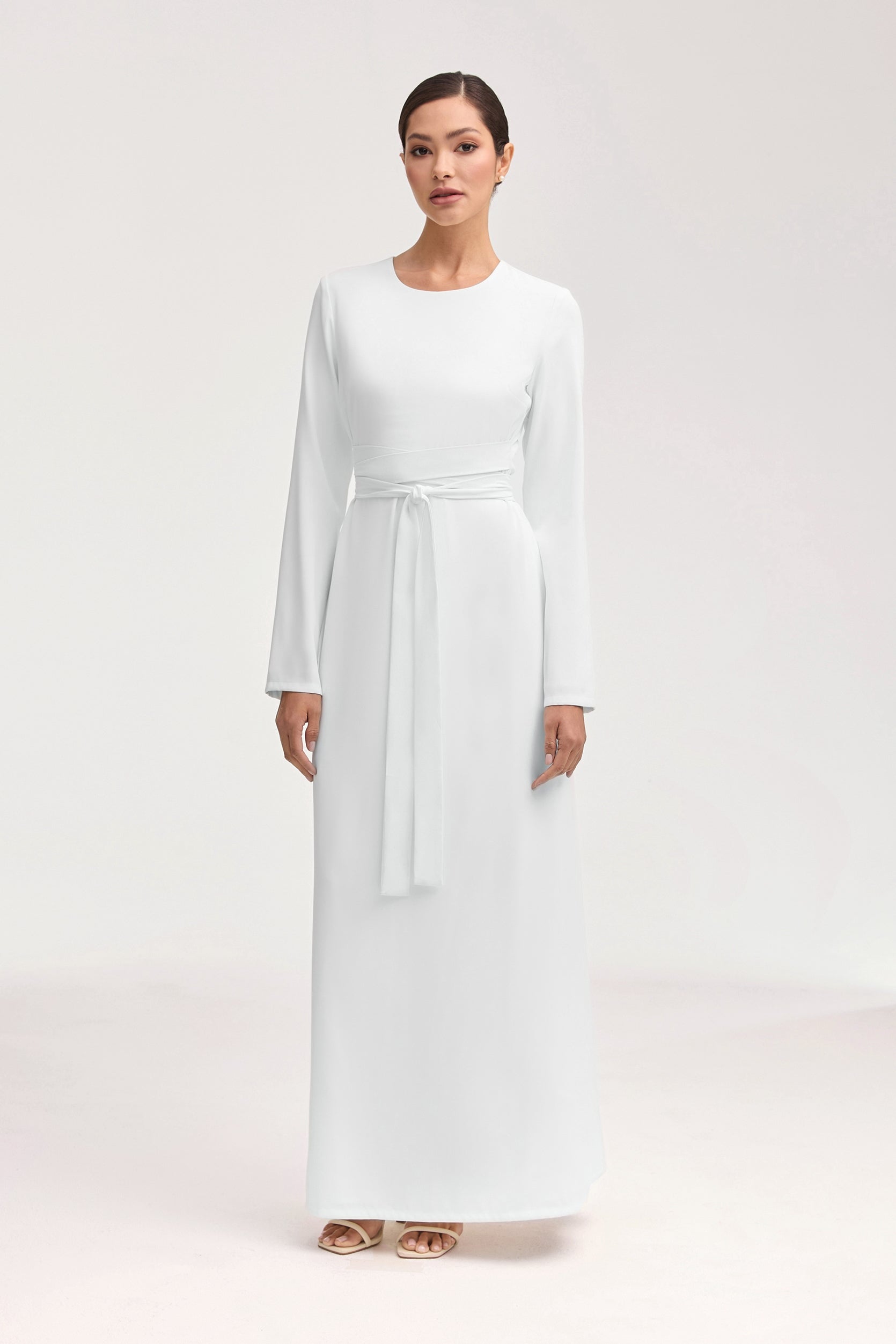 Asalah Wrap Waist Maxi Dress & Abaya Set - White Clothing Veiled 