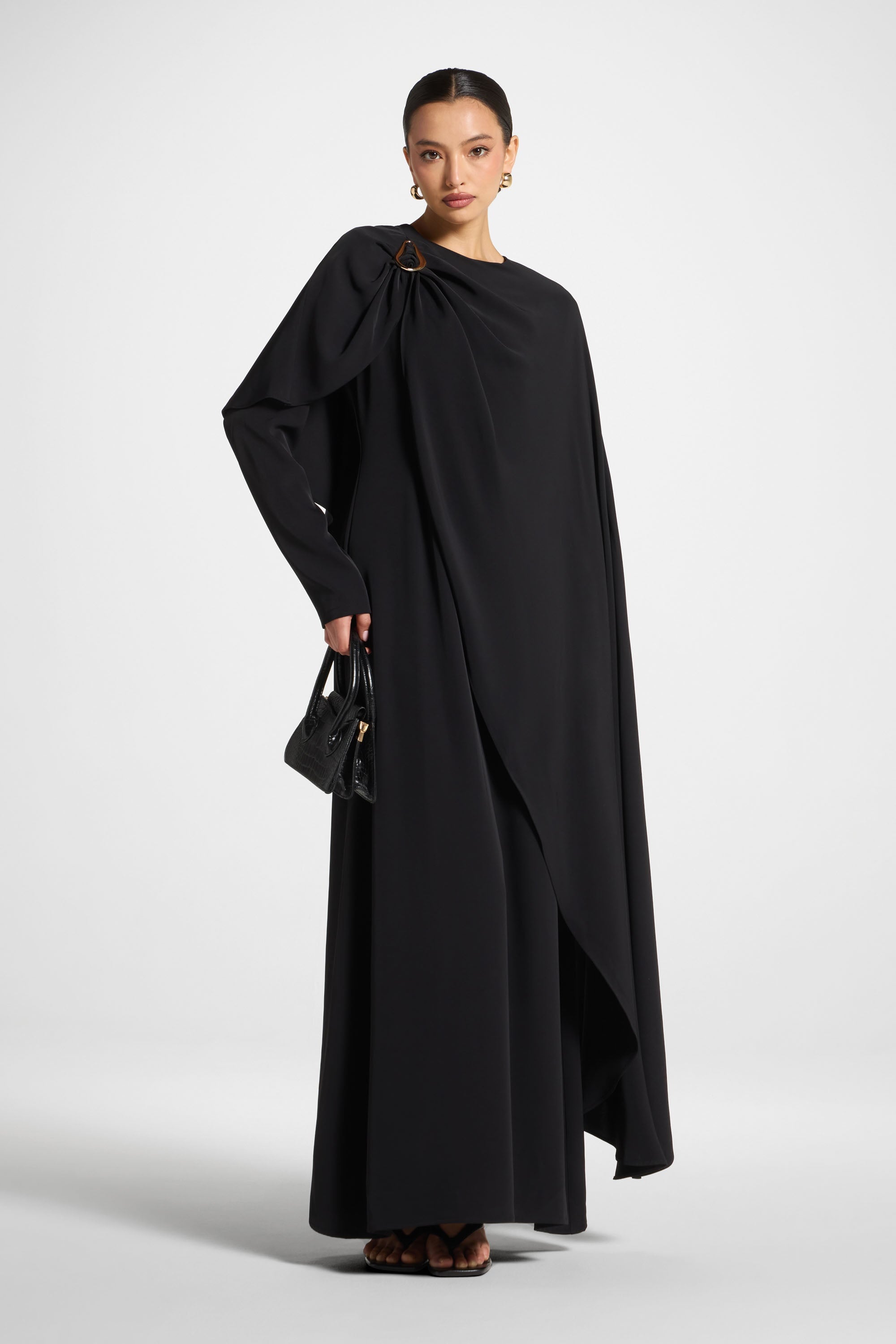 Asymmetric Cape Maxi Dress - Black Abayas Veiled 