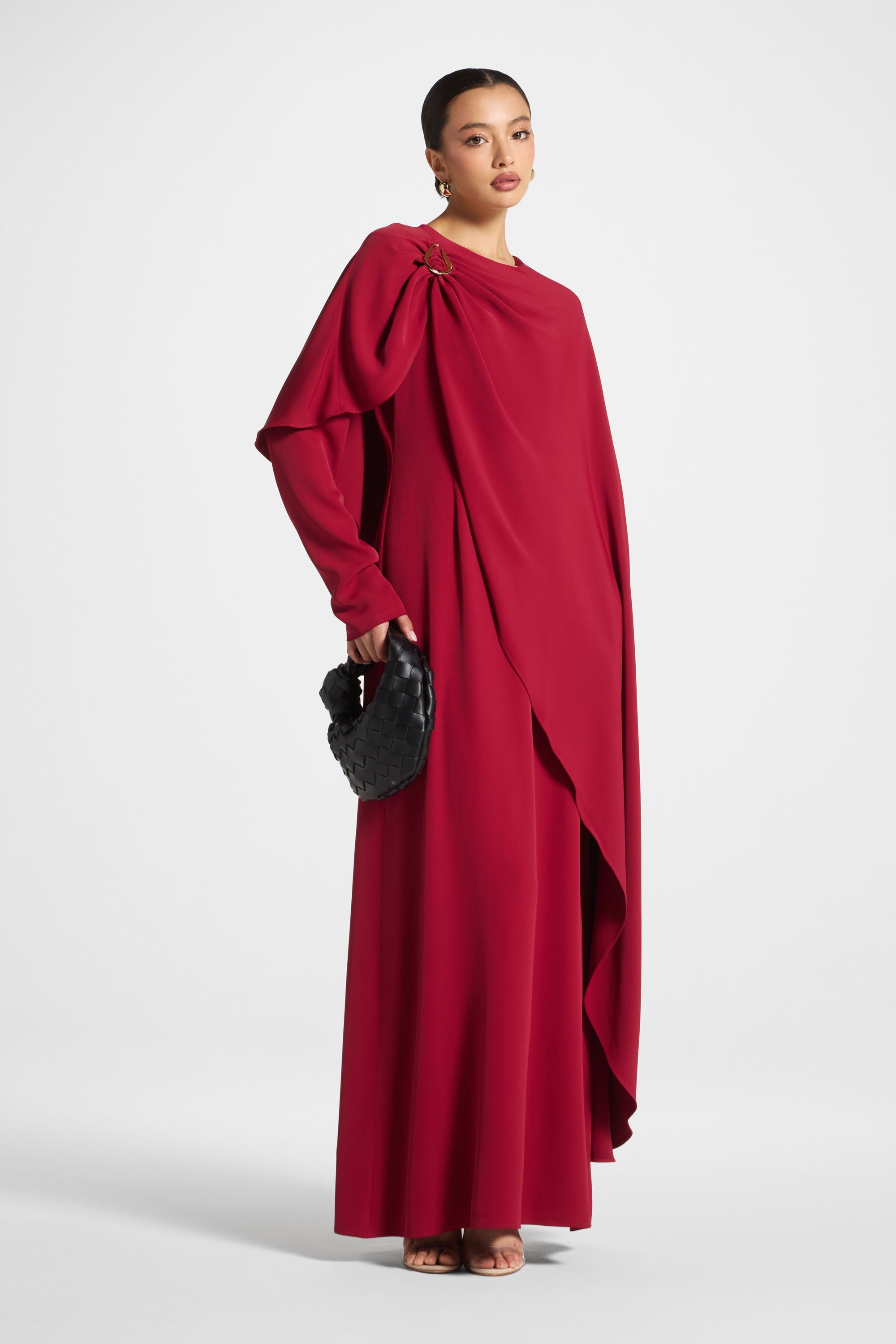 Asymmetric Cape Maxi Dress - Cherry Abayas Veiled 
