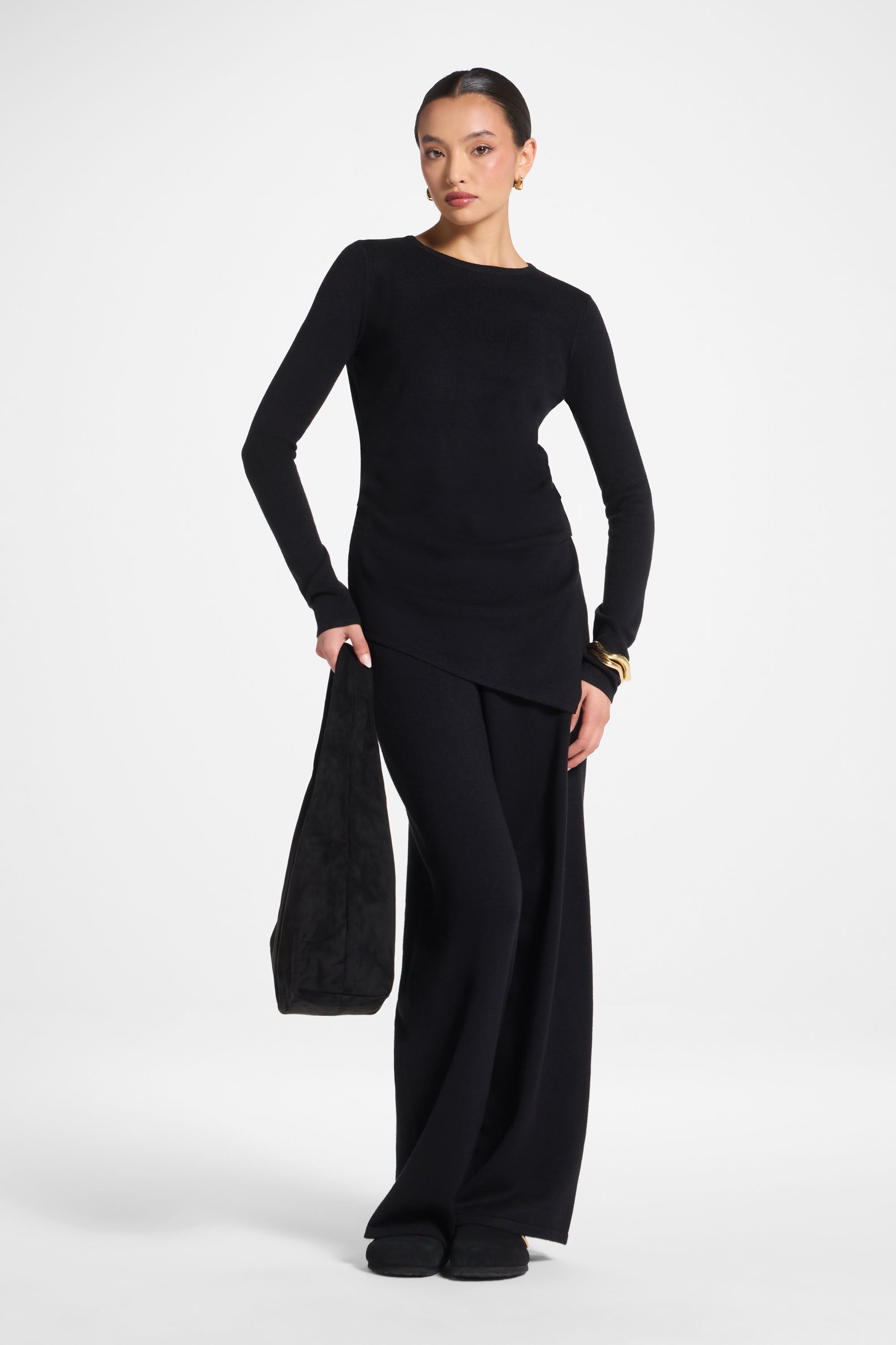 Asymmetric Knit Top & Pants Set - Black Abayas Veiled 