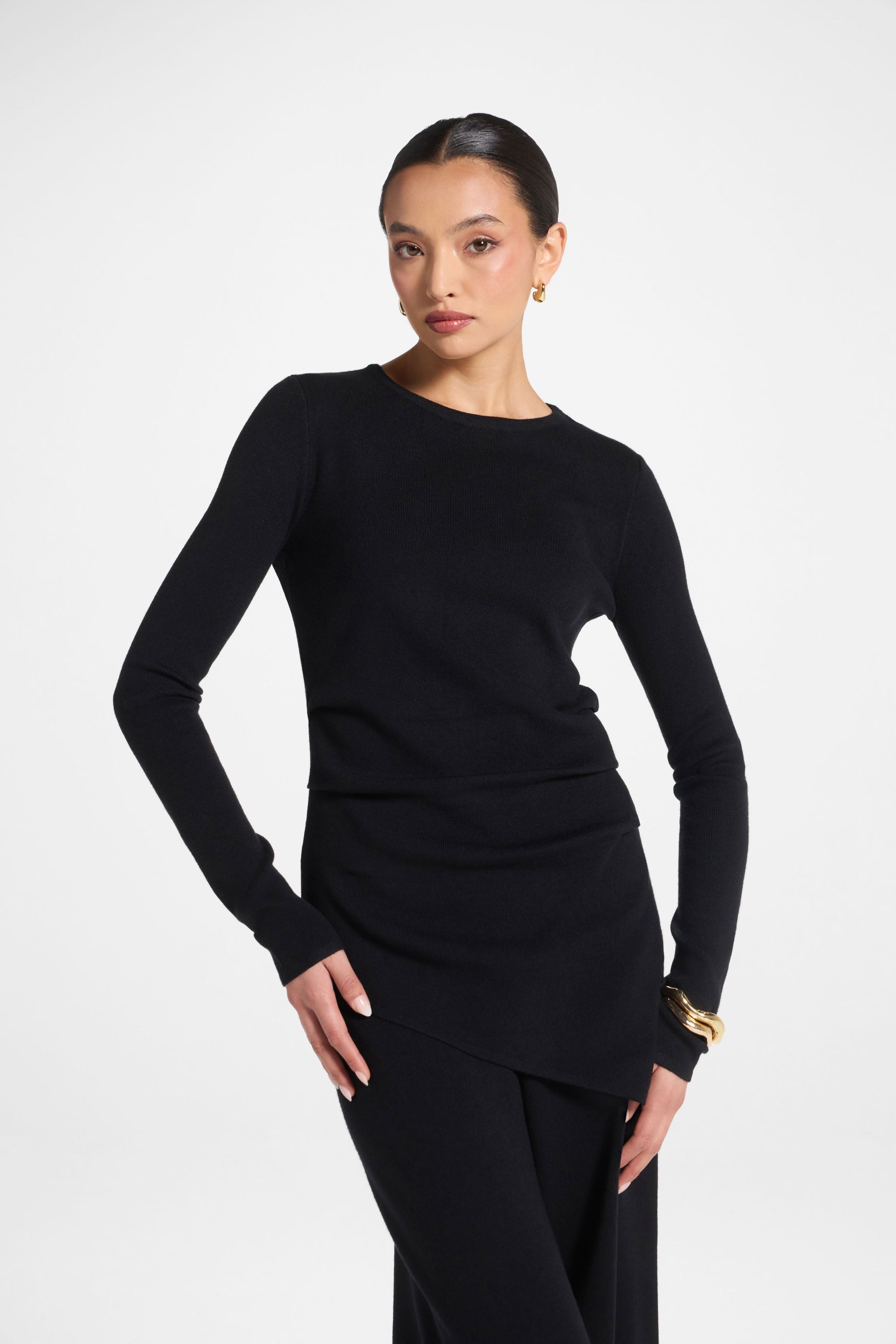 Asymmetric Knit Top & Pants Set - Black Abayas Veiled 