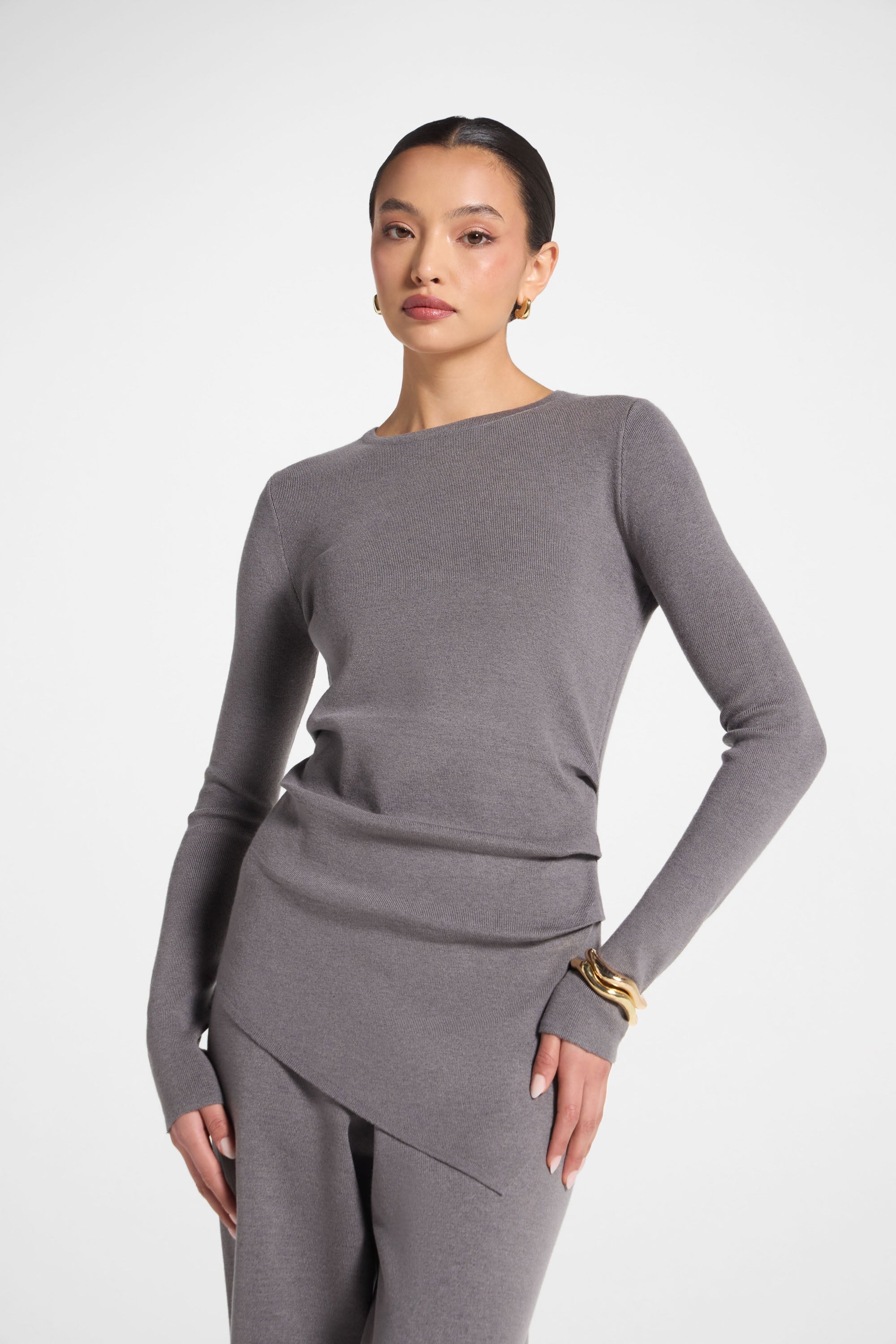 Asymmetric Knit Top & Pants Set - Charcoal Abayas Veiled 