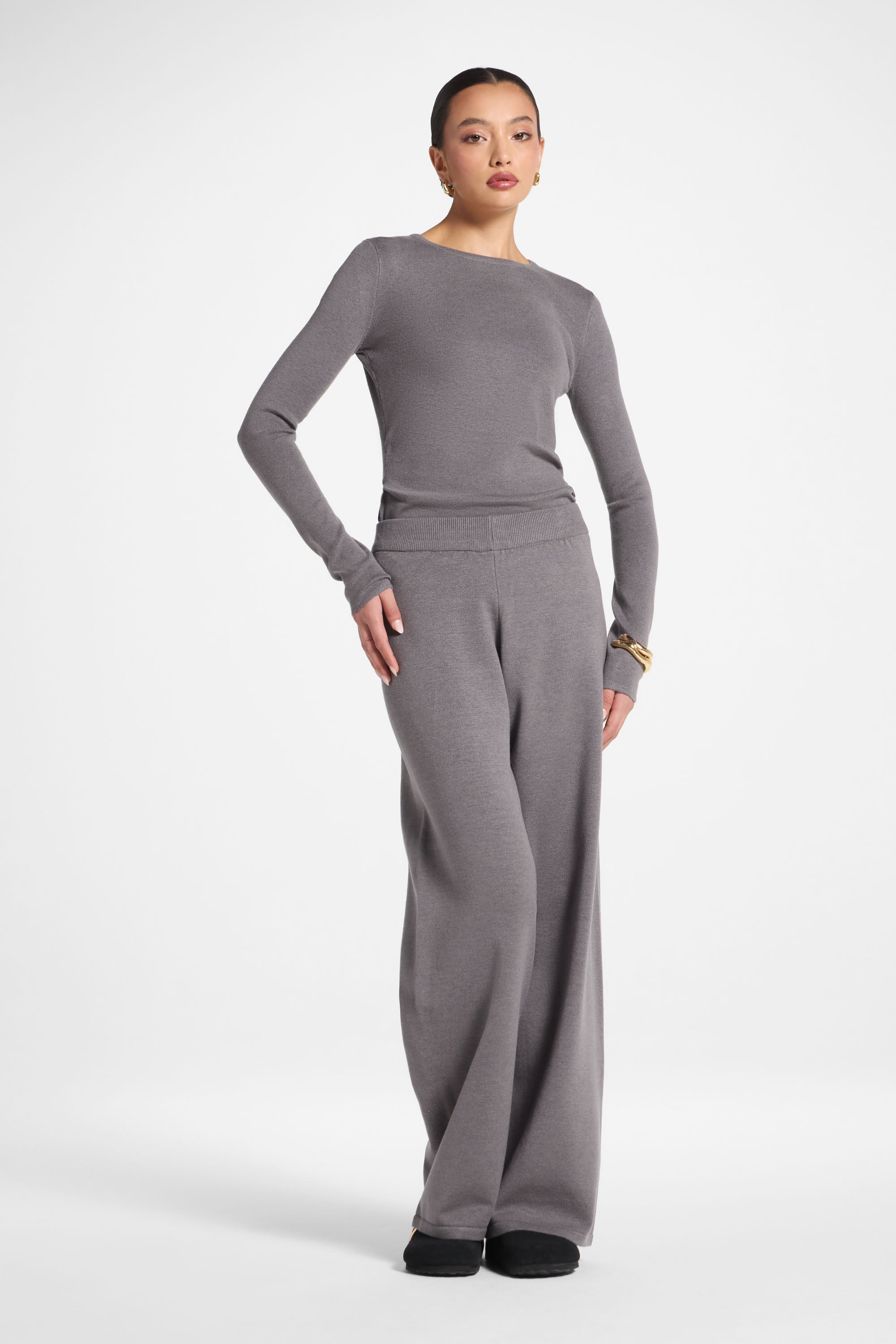 Asymmetric Knit Top & Pants Set - Charcoal Abayas Veiled 