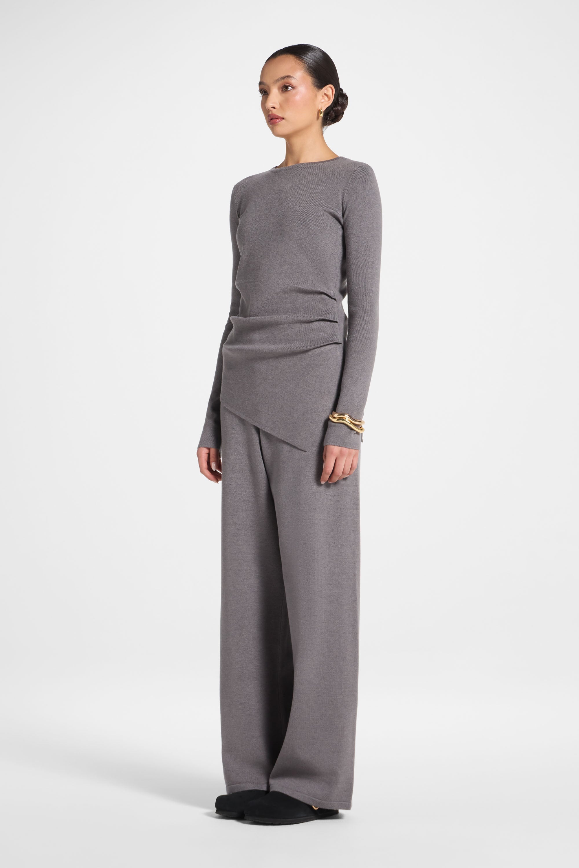 Asymmetric Knit Top & Pants Set - Charcoal Abayas Veiled 
