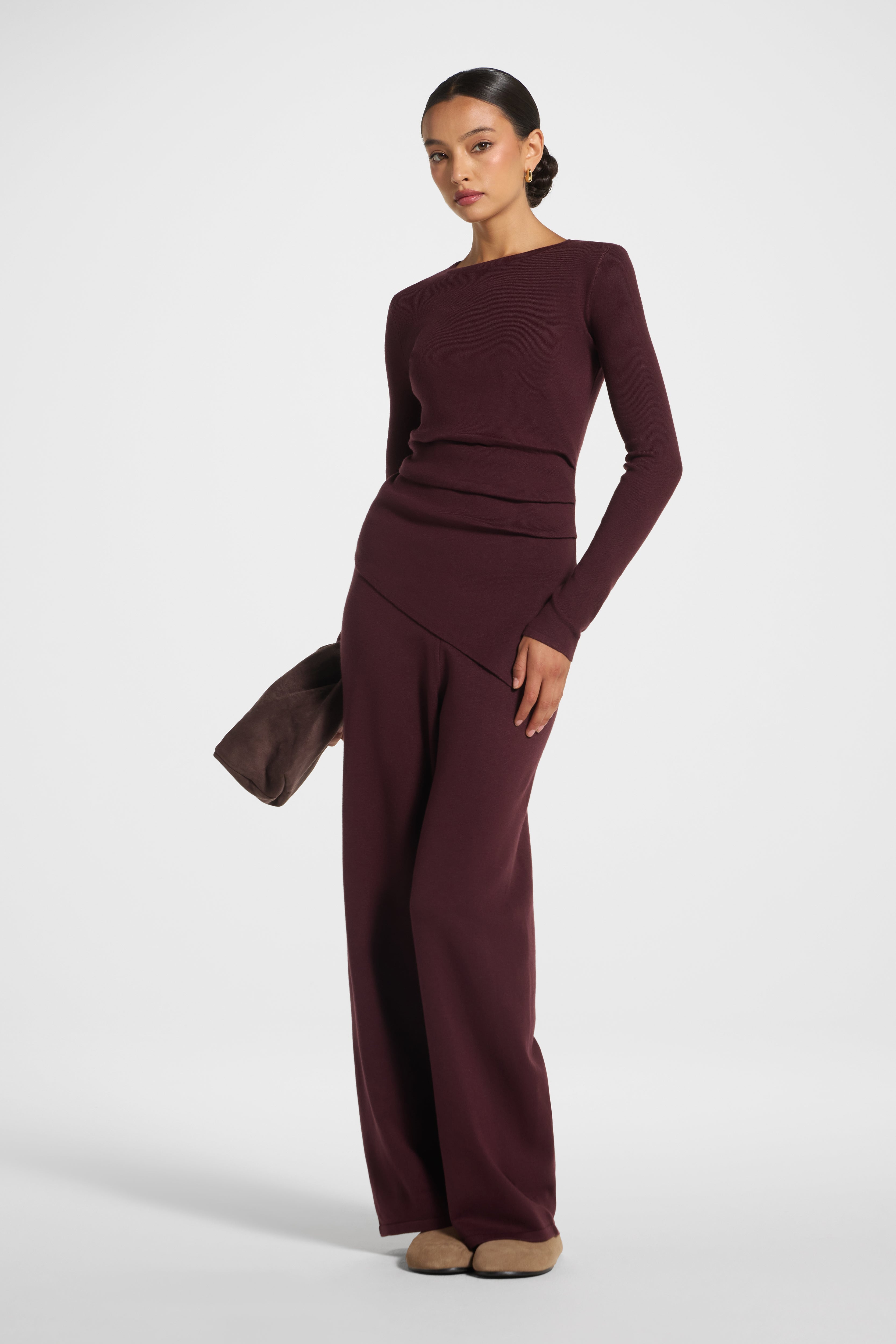 Asymmetric Knit Top & Pants Set - Chocolate Truffle Veiled 
