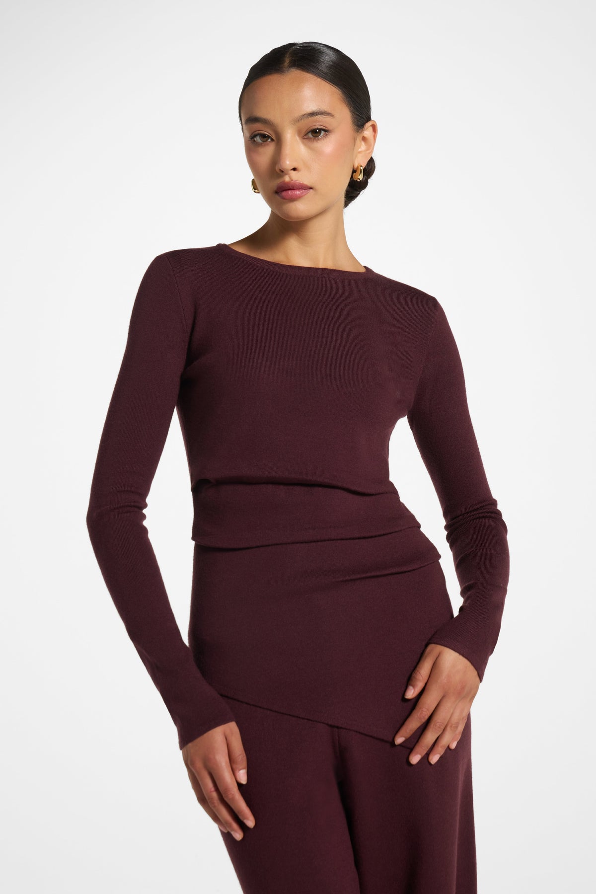 Asymmetric Knit Top & Pants Set - Chocolate Truffle Veiled 