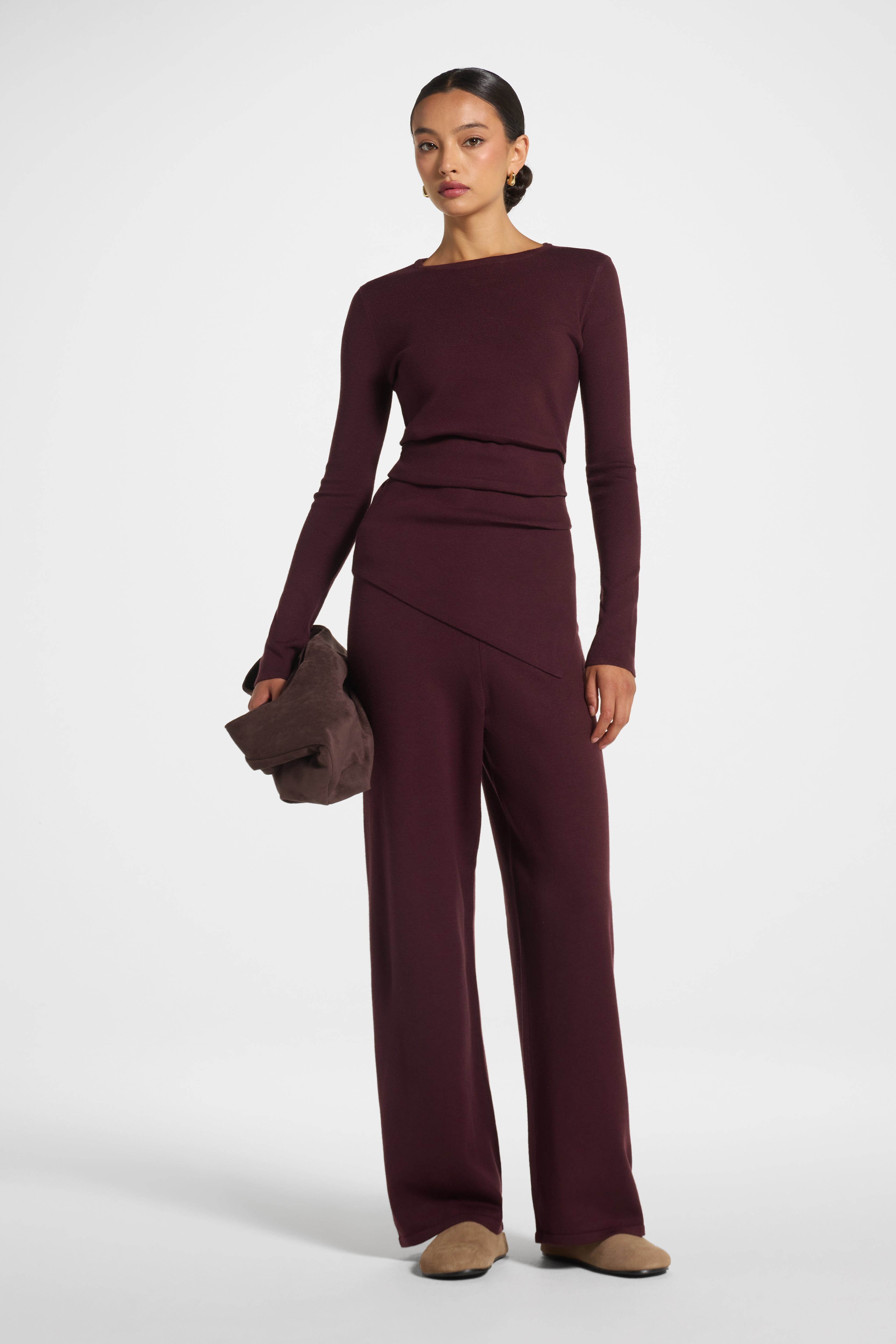 Asymmetric Knit Top & Pants Set - Chocolate Truffle Veiled 