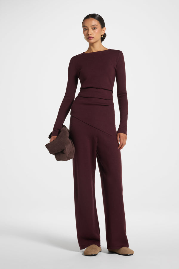 Asymmetric Knit Top & Pants Set - Chocolate Truffle Veiled 