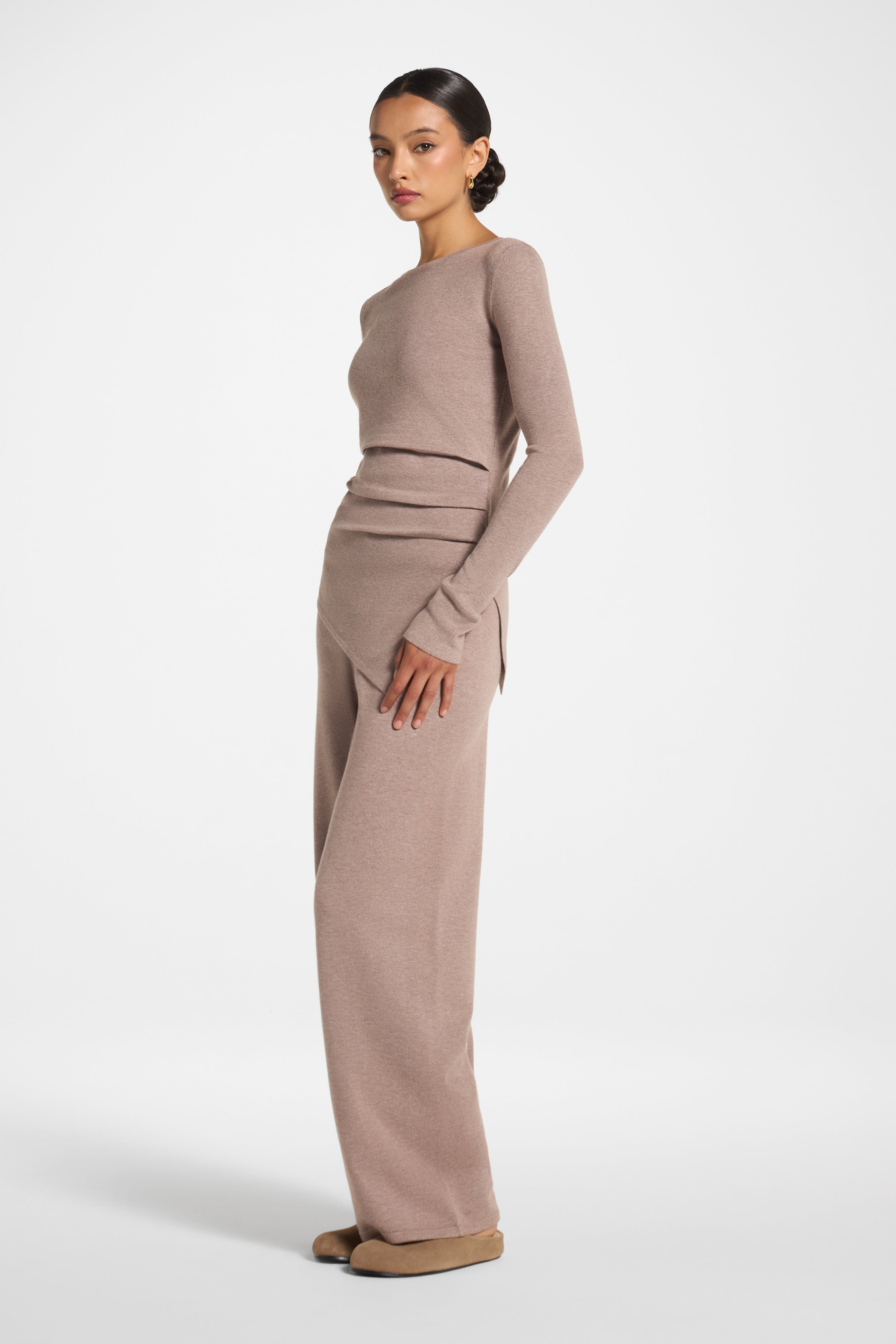 Asymmetric Knit Top & Pants Set - Heather Taupe Veiled 